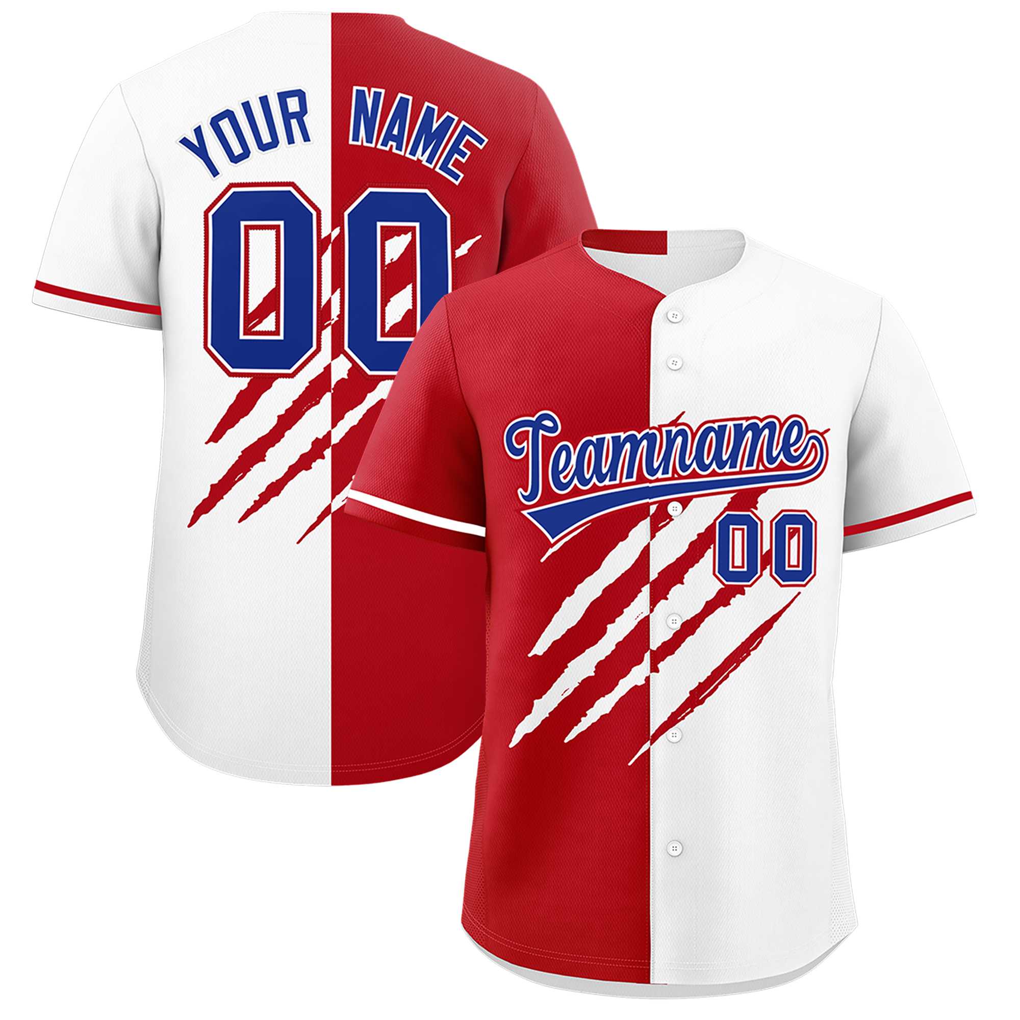 Custom Red White Split Tiger Claw Scratch Pattern Baseball Jersey