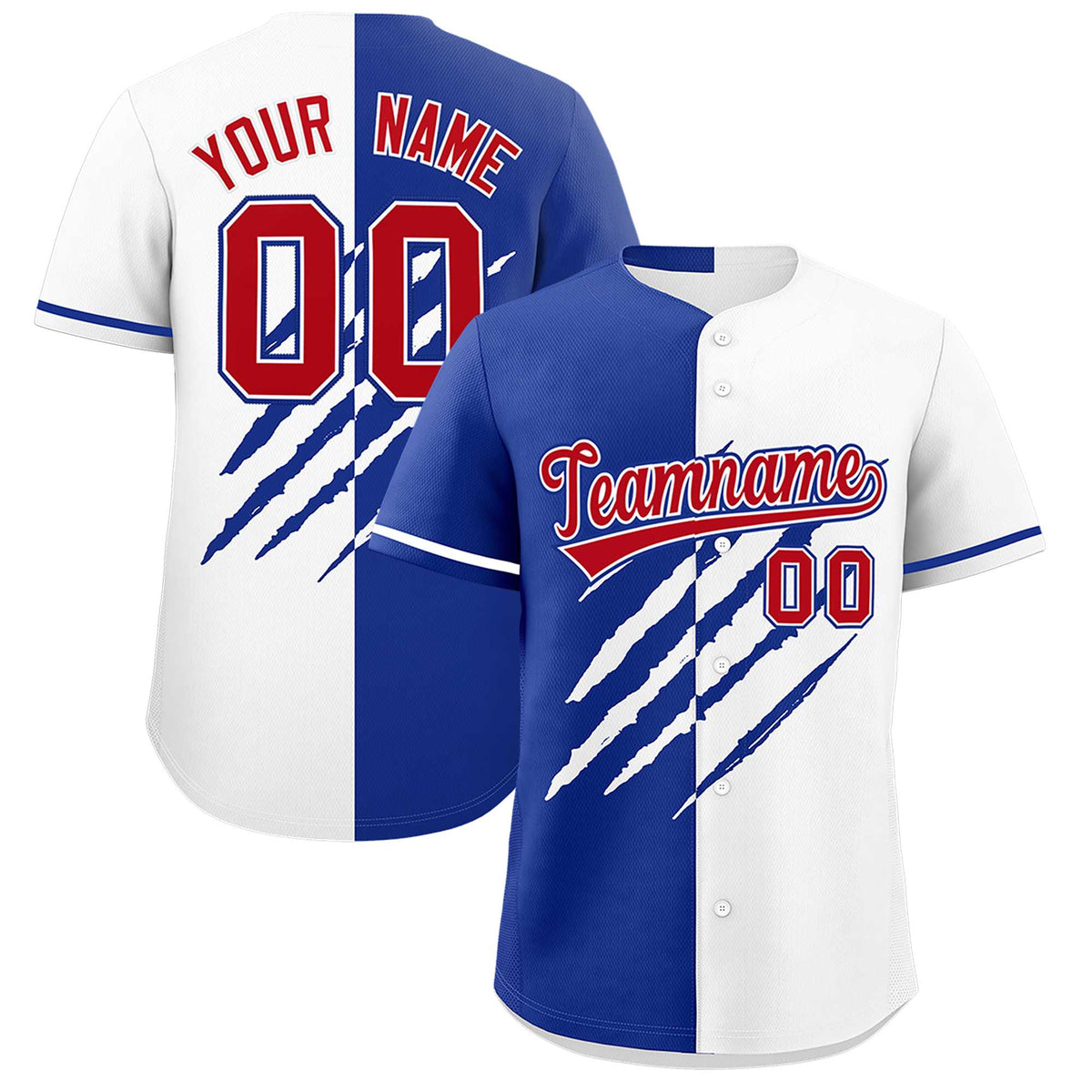Custom Royal Blue White Split Tiger Claw Scratch Pattern Baseball Jersey
