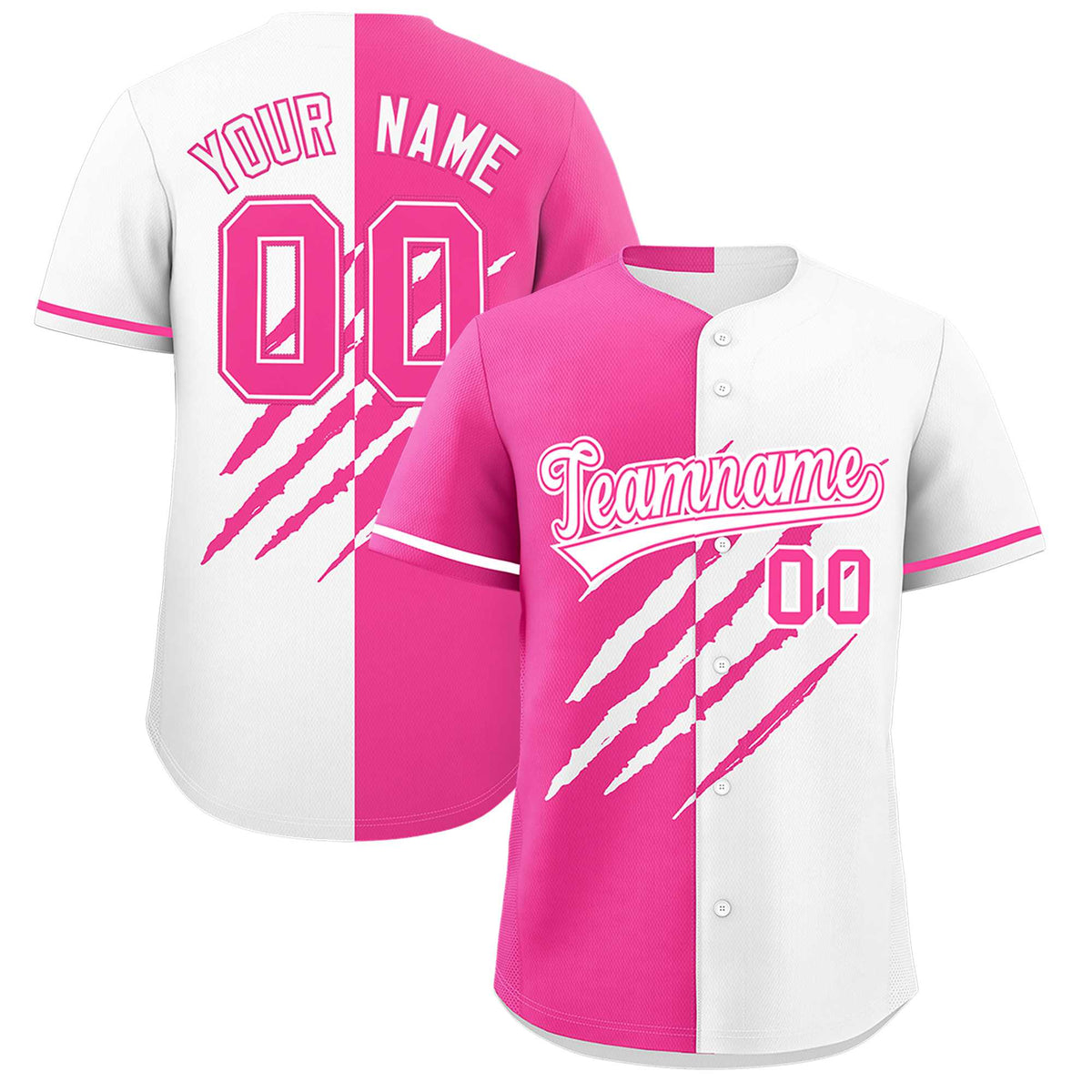 Custom Pink White Split Tiger Claw Scratch Pattern Baseball Jersey