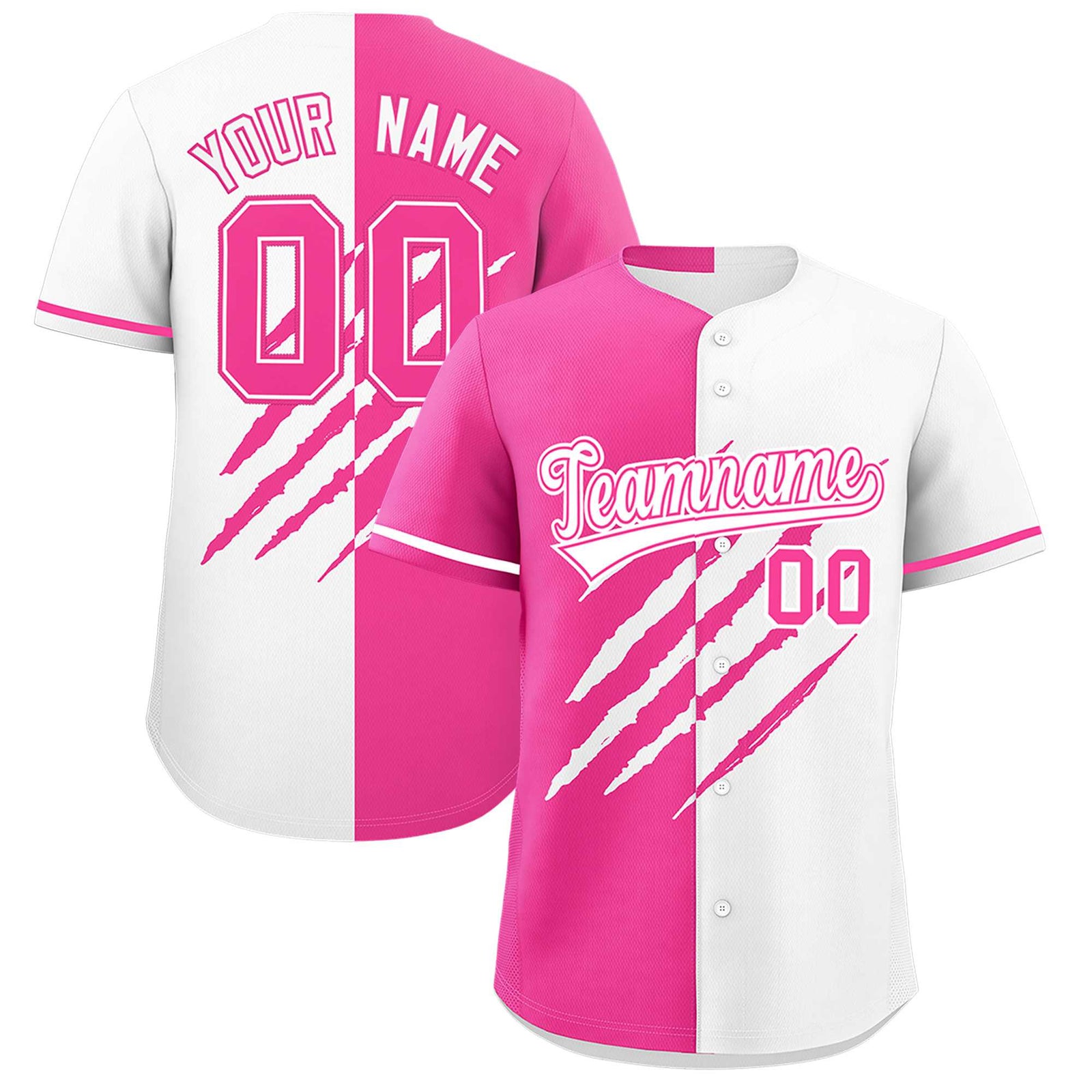 Custom Pink White Split Tiger Claw Scratch Pattern Baseball Jersey