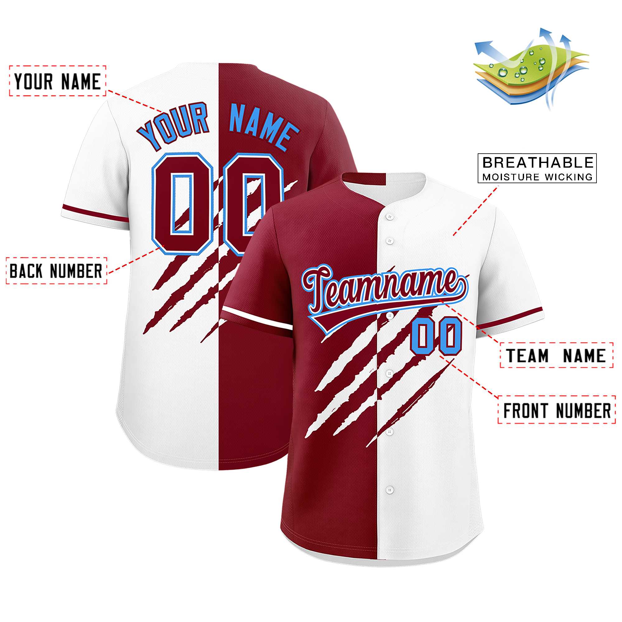 Custom Crimson White Split Tiger Claw Scratch Pattern Baseball Jersey
