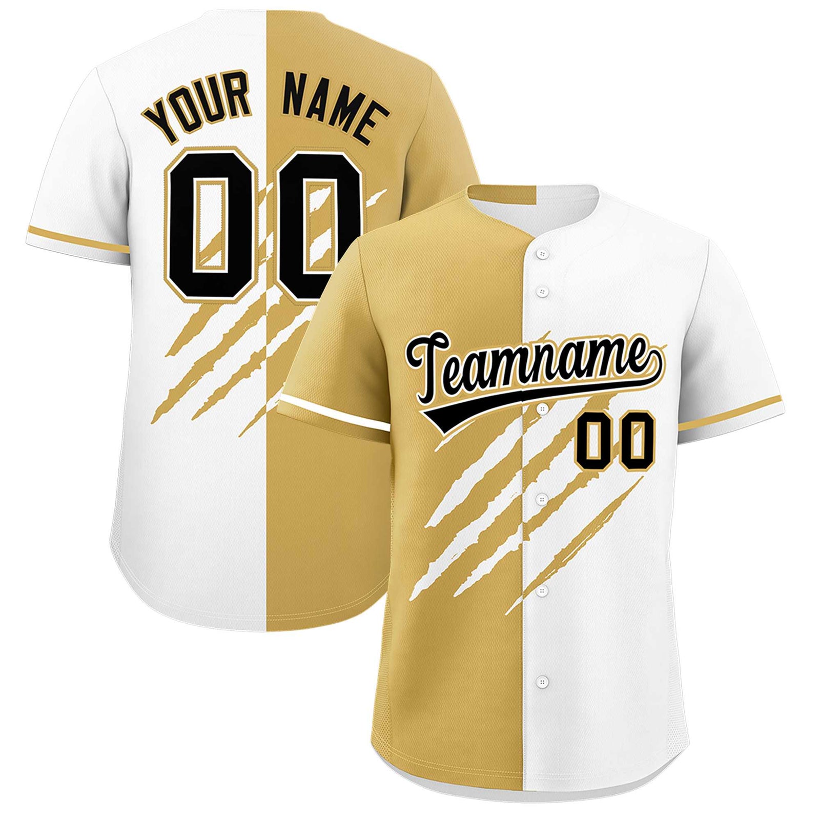 Custom Old Gold White Split Tiger Claw Scratch Pattern Baseball Jersey