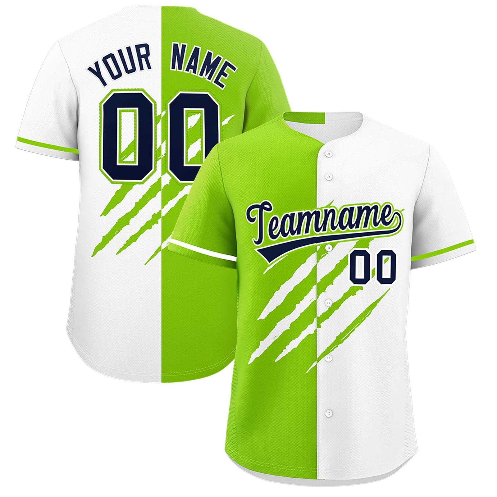 Custom Neon Green White Split Tiger Claw Scratch Pattern Baseball Jersey