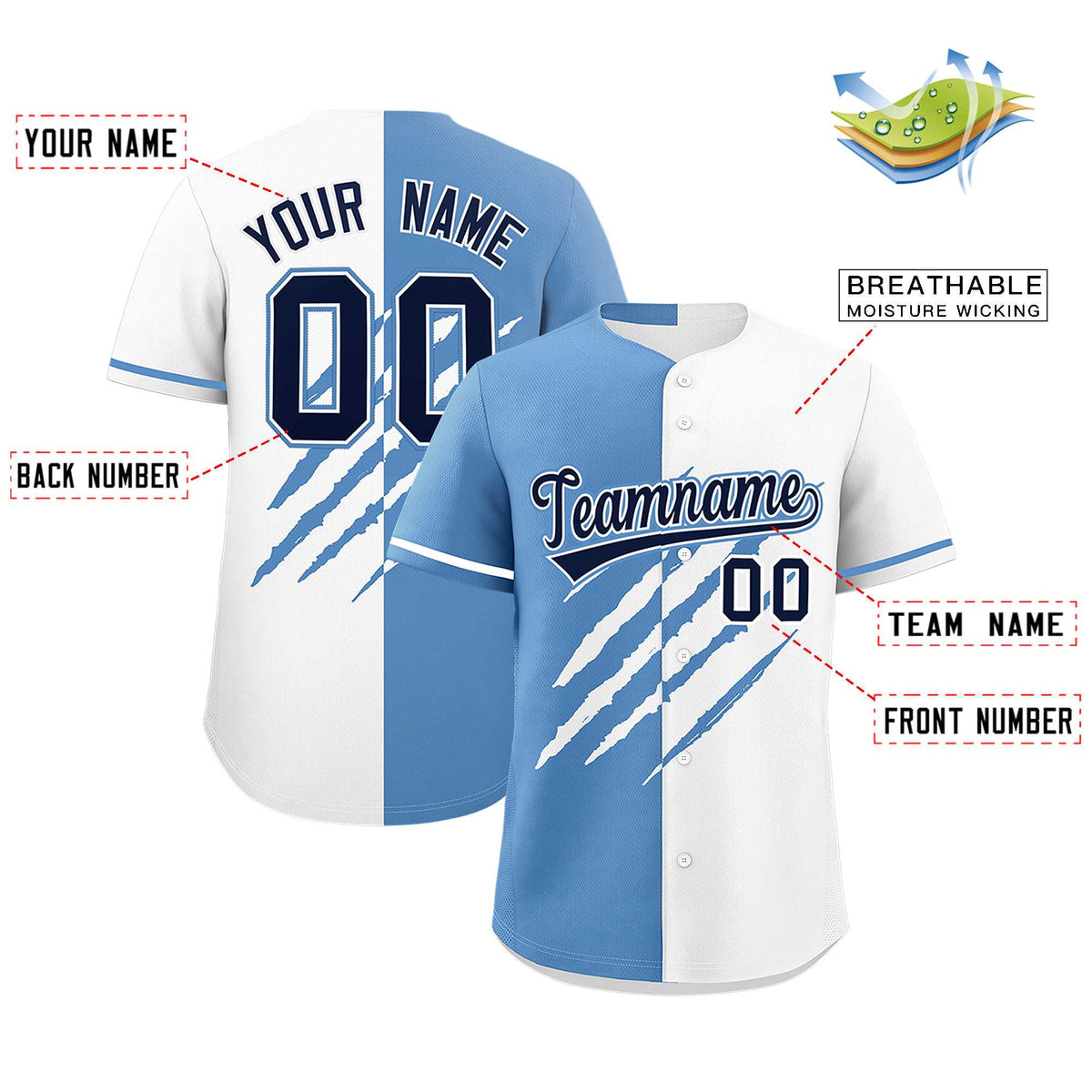 Custom Light Blue White Split Tiger Claw Scratch Pattern Baseball Jersey