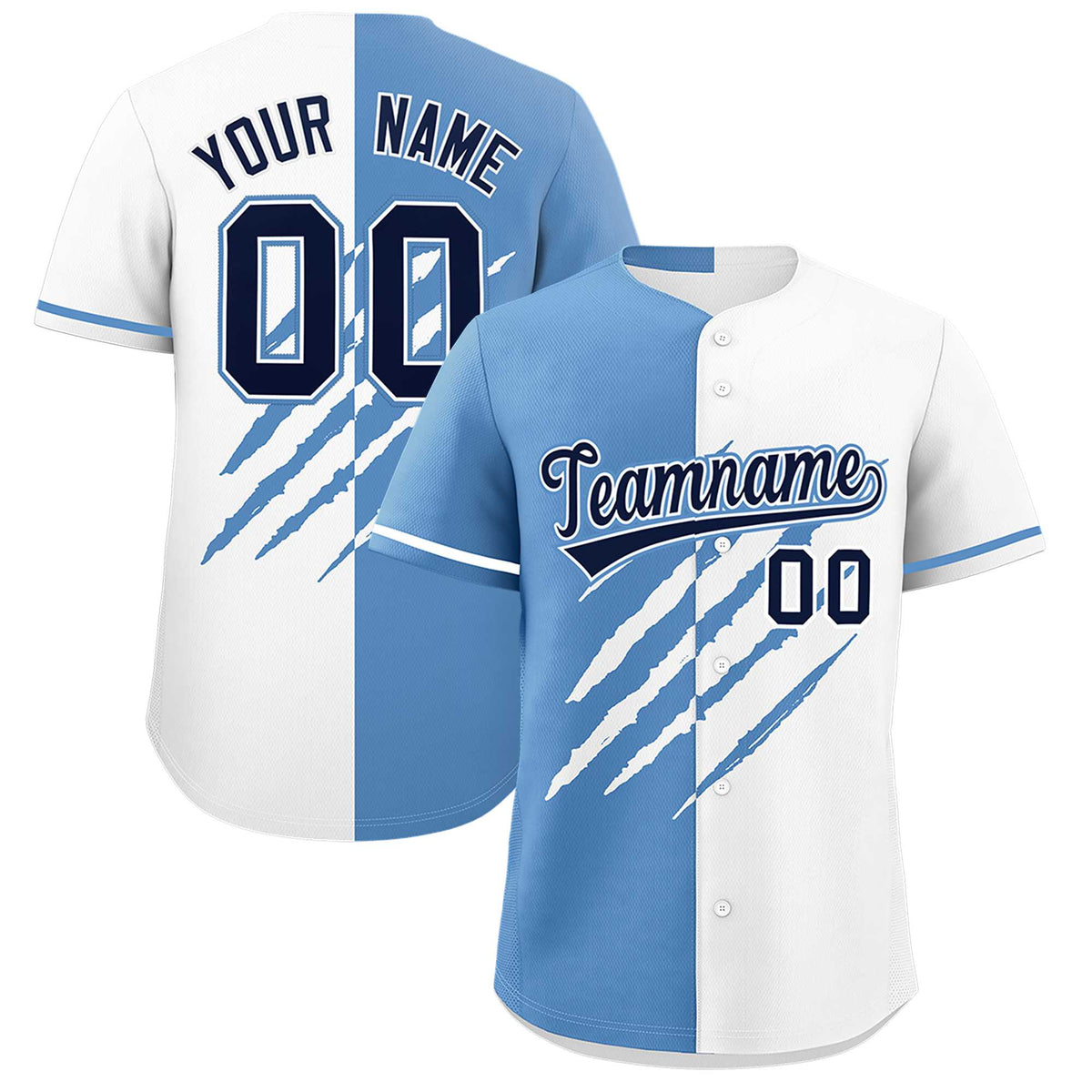 Custom Light Blue White Split Tiger Claw Scratch Pattern Baseball Jersey