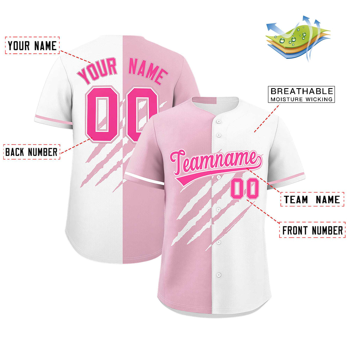 Custom Light Pink White Split Tiger Claw Scratch Pattern Baseball Jersey