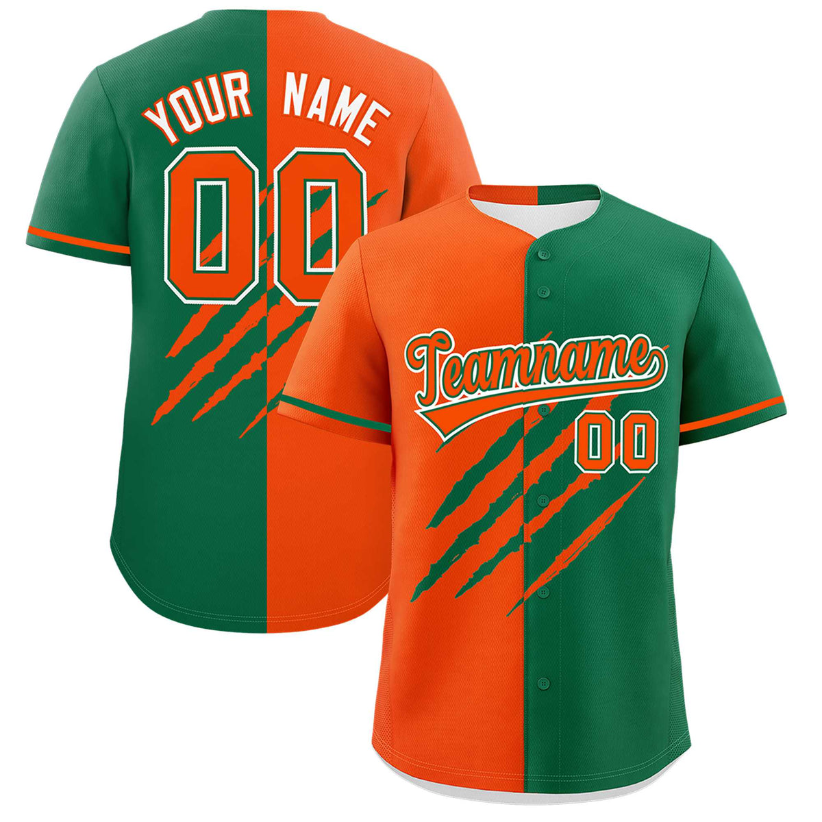 Custom Orange Kelly Green Split Tiger Claw Scratch Pattern Baseball Jersey