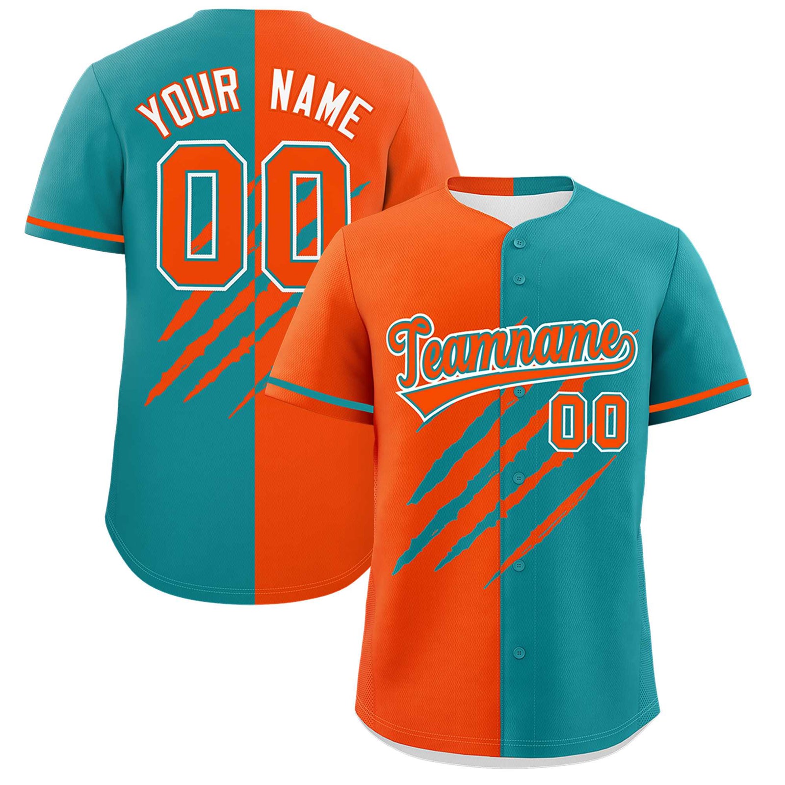 Custom Orange Aqua Split Tiger Claw Scratch Pattern Baseball Jersey