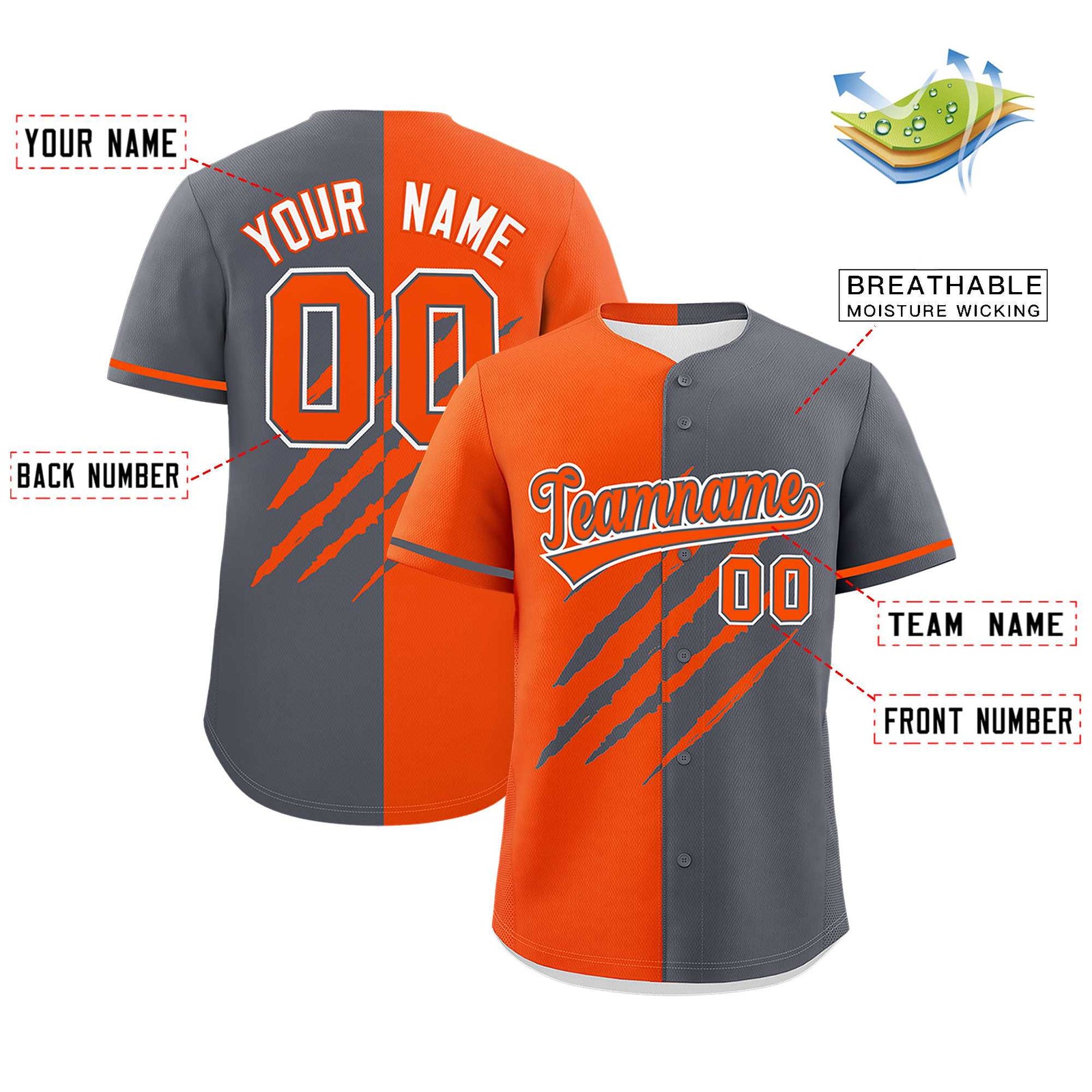 Custom Orange Dark Gray Split Tiger Claw Scratch Pattern Baseball Jersey