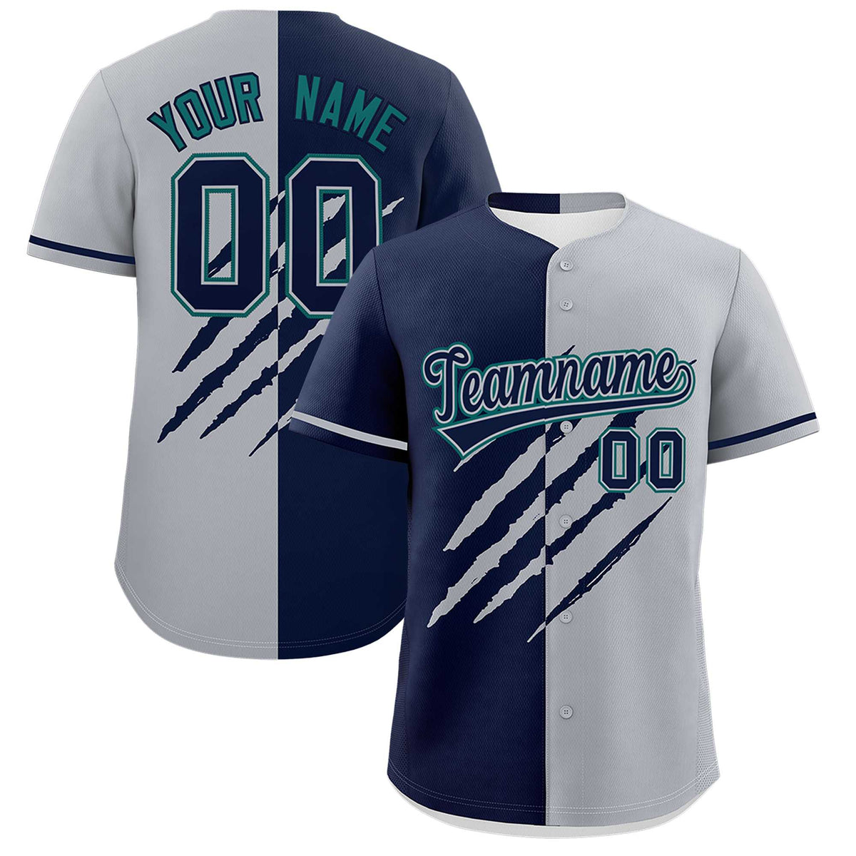 Custom Navy Gray Split Tiger Claw Scratch Pattern Baseball Jersey