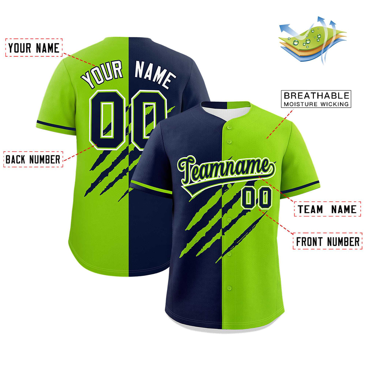 Custom Navy Neon Green Split Tiger Claw Scratch Pattern Baseball Jersey