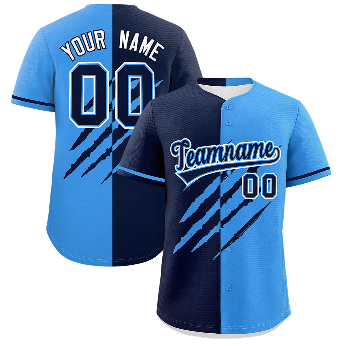 Custom Navy Powder Blue Split Tiger Claw Scratch Pattern Baseball Jersey