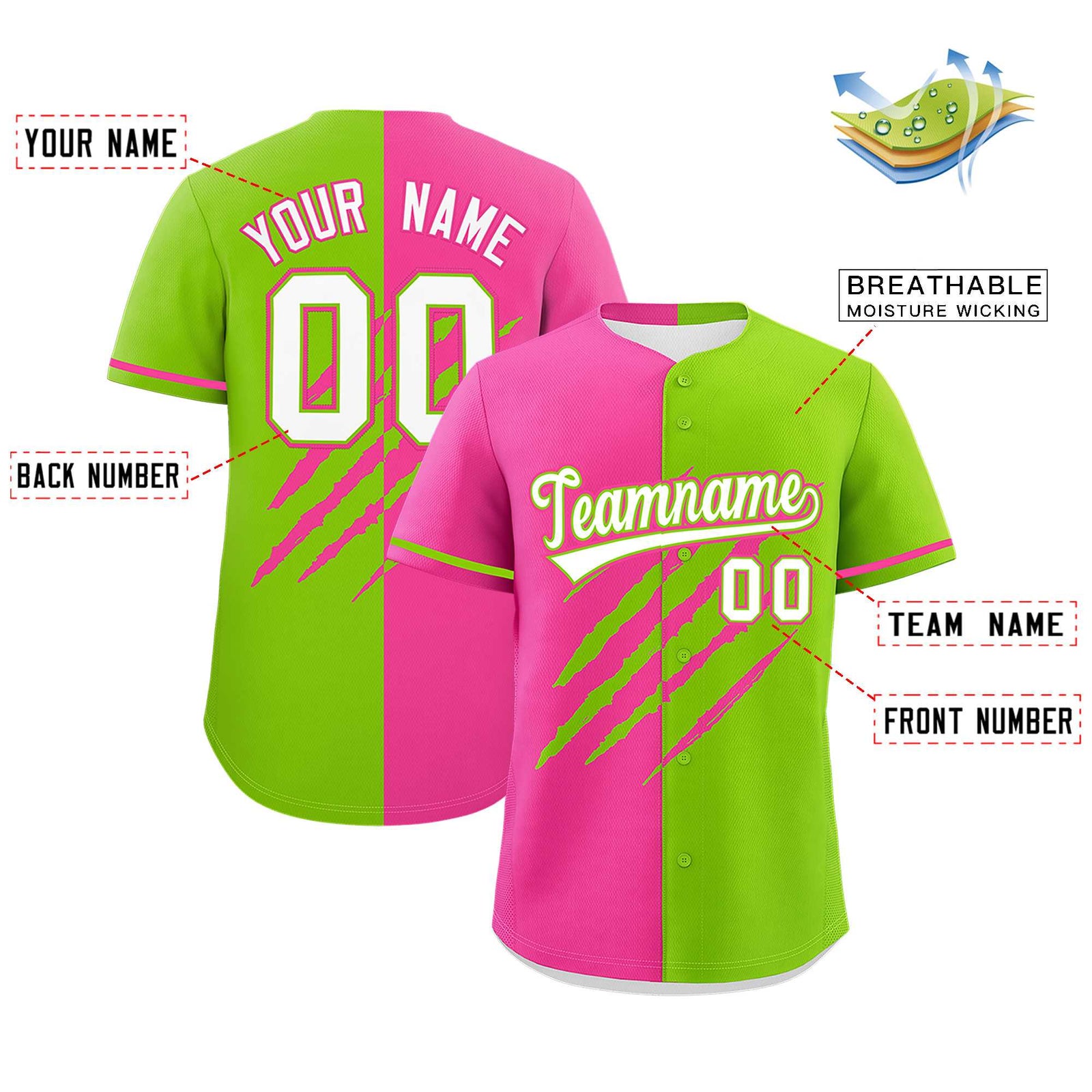 Custom Pink Neon Green Split Tiger Claw Scratch Pattern Baseball Jersey