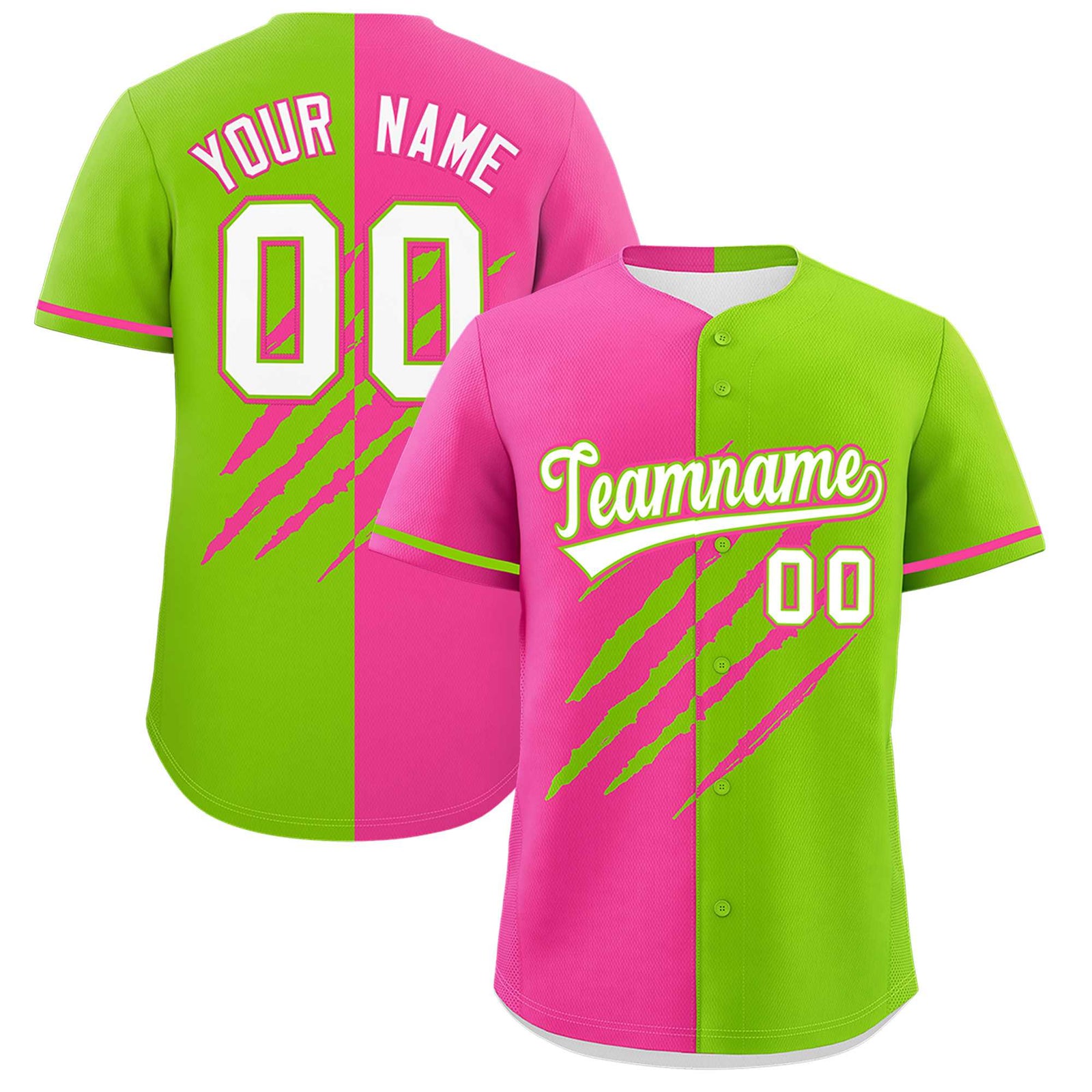 Custom Pink Neon Green Split Tiger Claw Scratch Pattern Baseball Jersey
