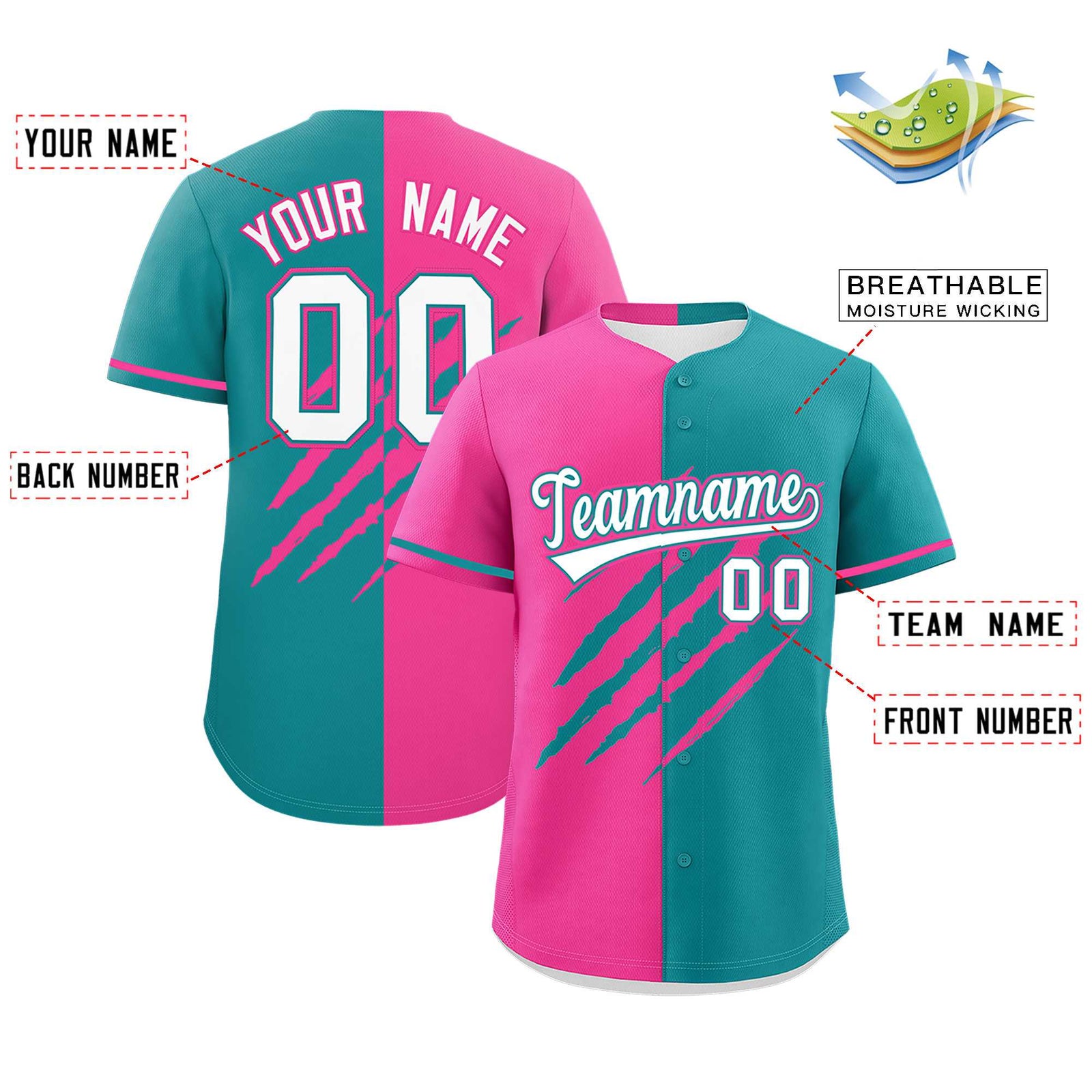 Custom Pink Aqua Split Tiger Claw Scratch Pattern Baseball Jersey