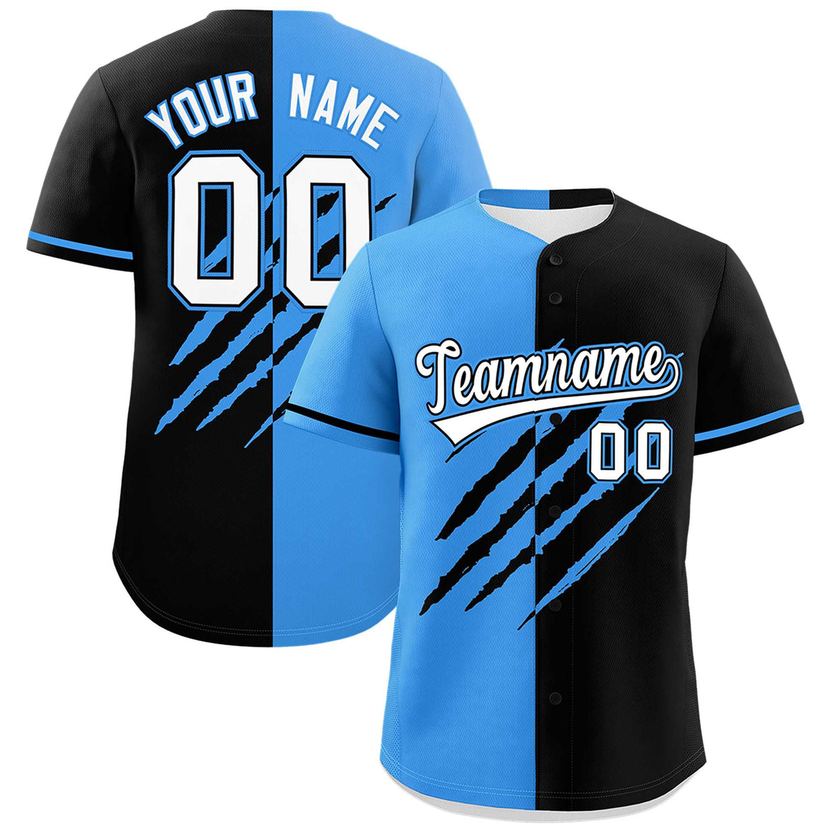 Custom Powder Blue Black Split Tiger Claw Scratch Pattern Baseball Jersey