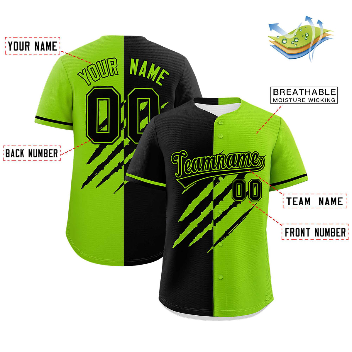 Custom Black Neon Green Split Tiger Claw Scratch Pattern Baseball Jersey