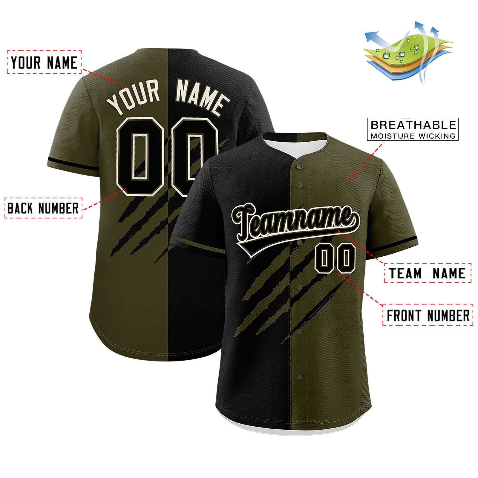 Custom Black Olive Split Tiger Claw Scratch Pattern Baseball Jersey