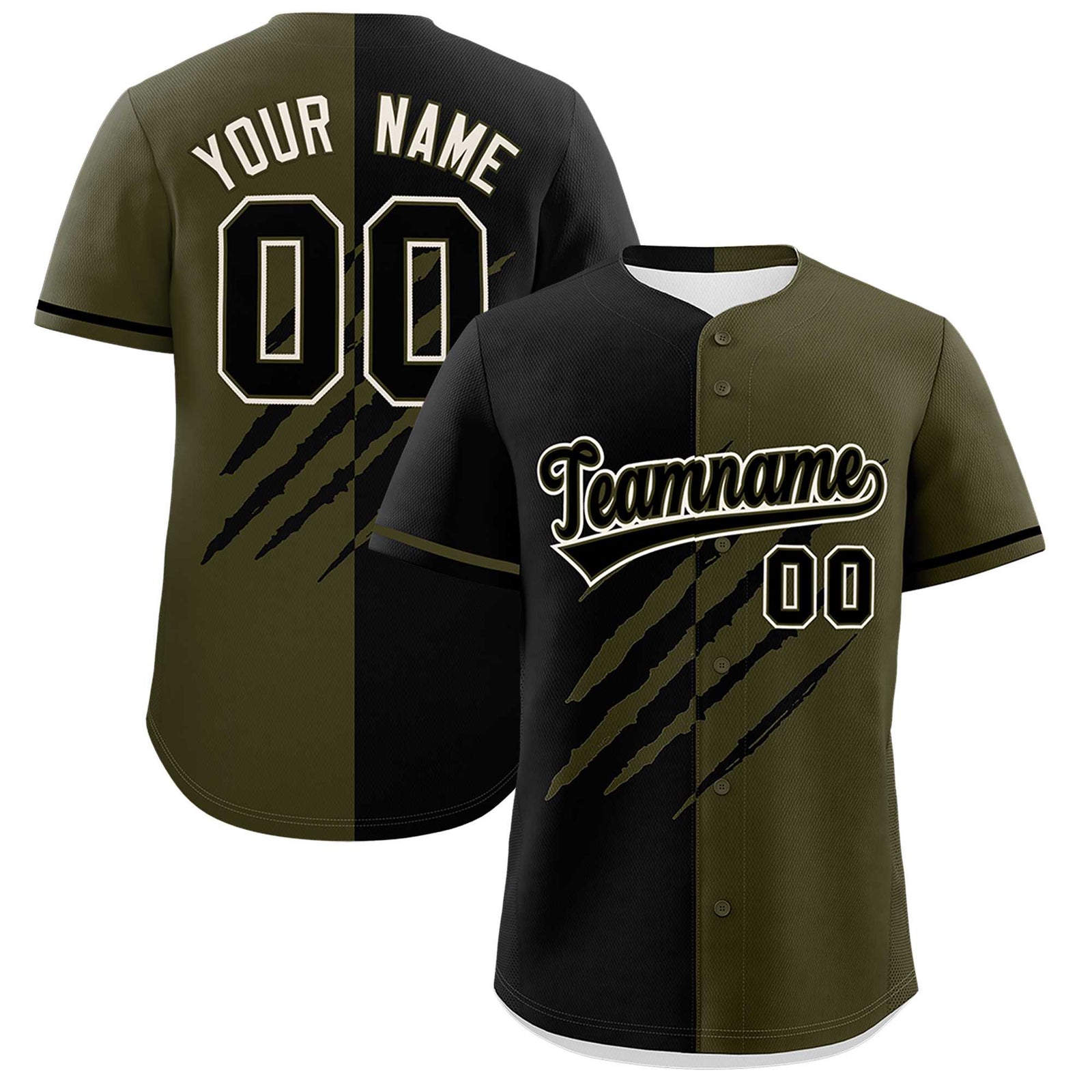 Custom Black Olive Split Tiger Claw Scratch Pattern Baseball Jersey