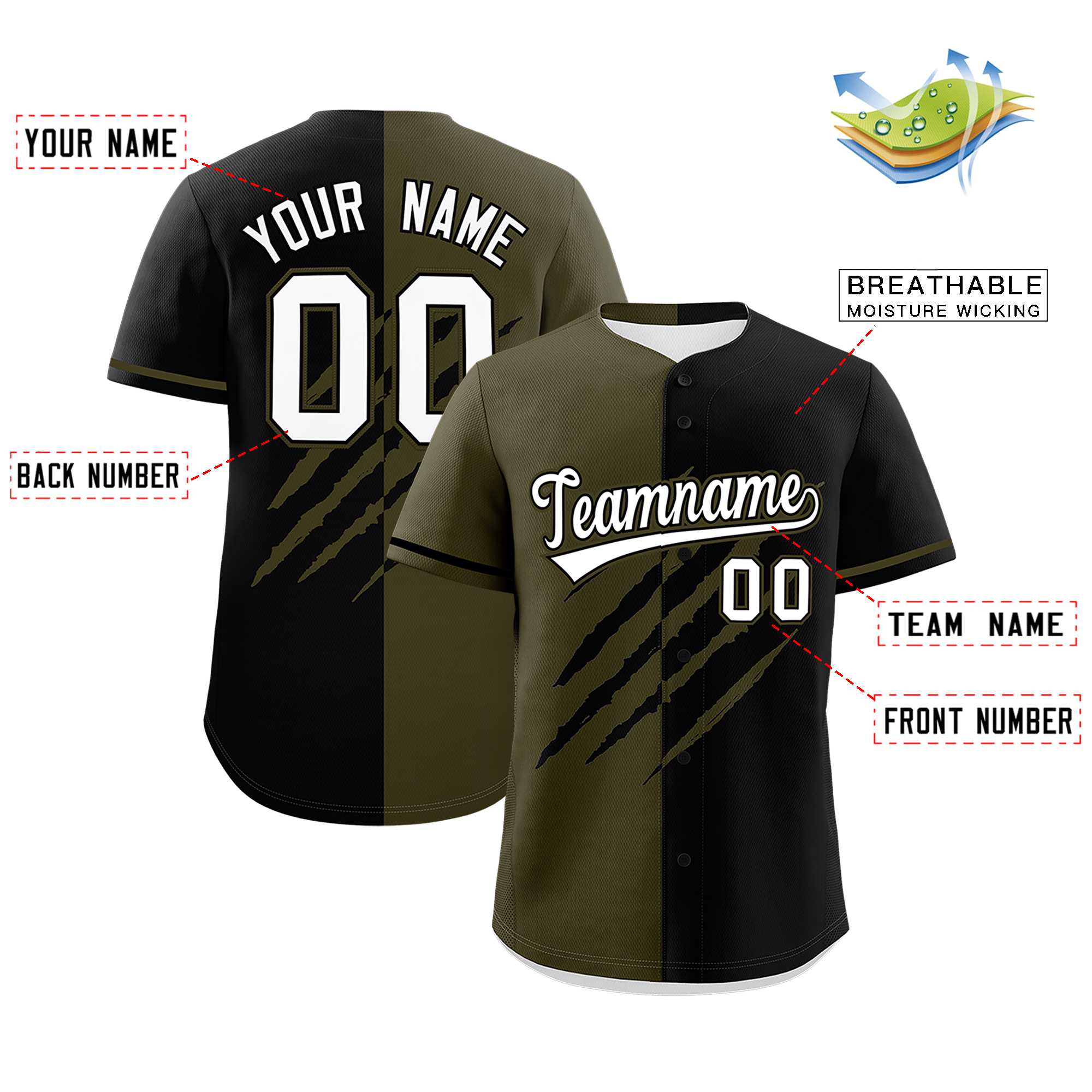 Custom Olive Black Split Tiger Claw Scratch Pattern Baseball Jersey