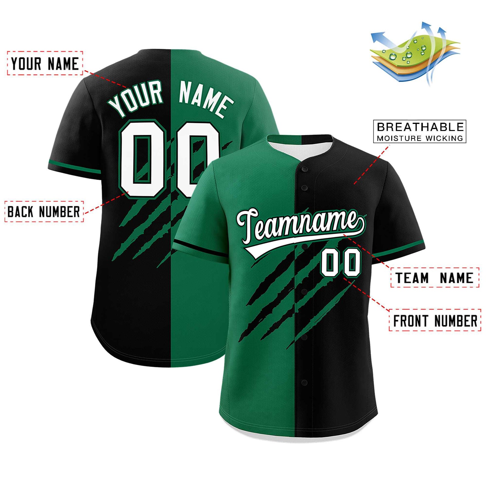 Custom Kelly Green Black Split Tiger Claw Scratch Pattern Baseball Jersey