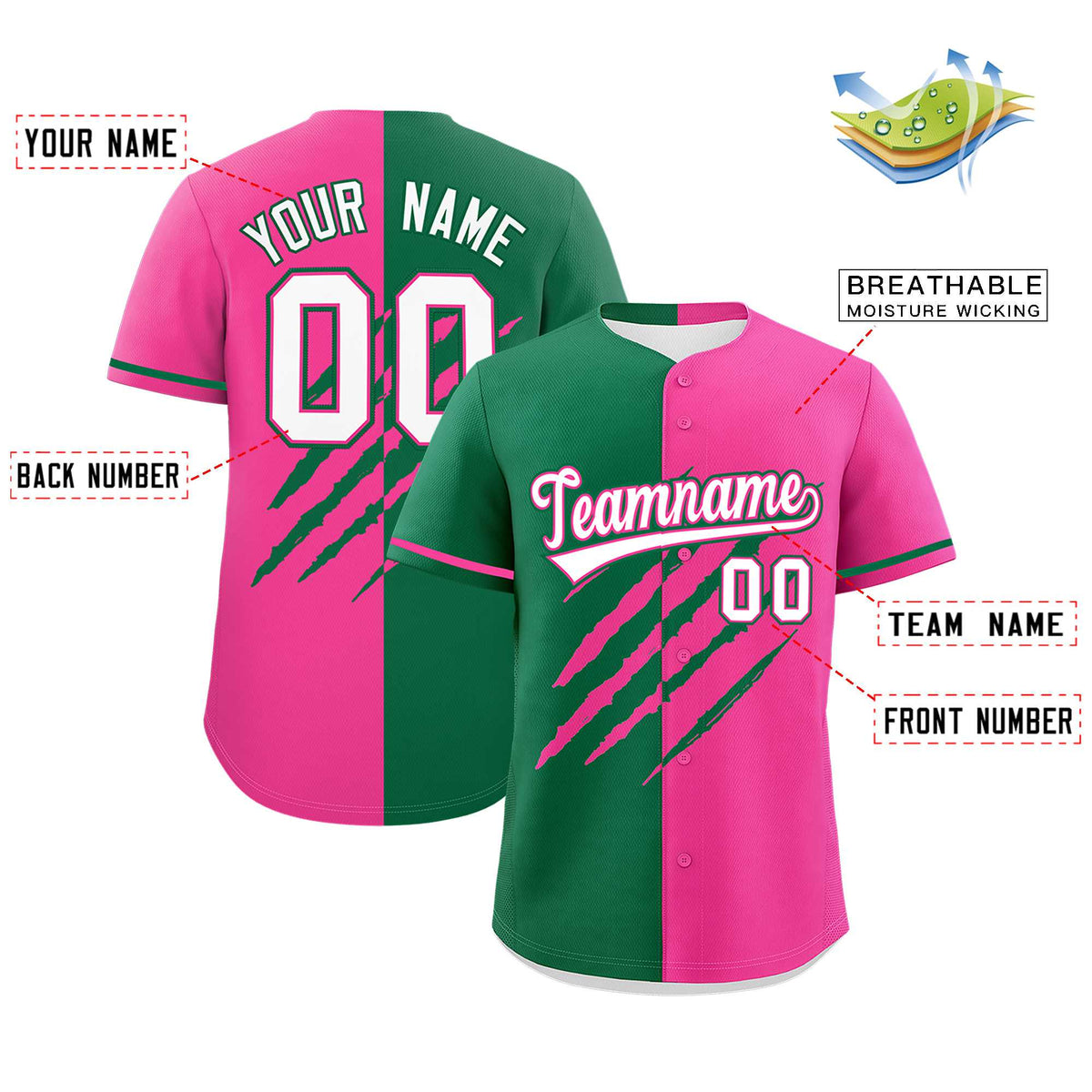 Custom Kelly Green Pink Split Tiger Claw Scratch Pattern Baseball Jersey