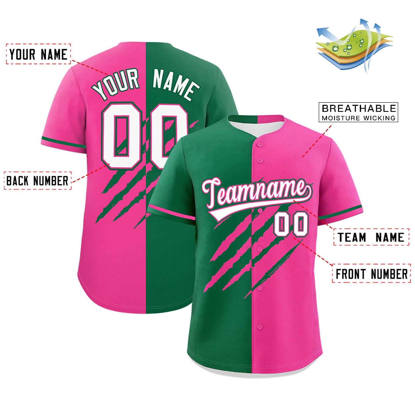 Custom Kelly Green Pink Split Tiger Claw Scratch Pattern Baseball Jersey
