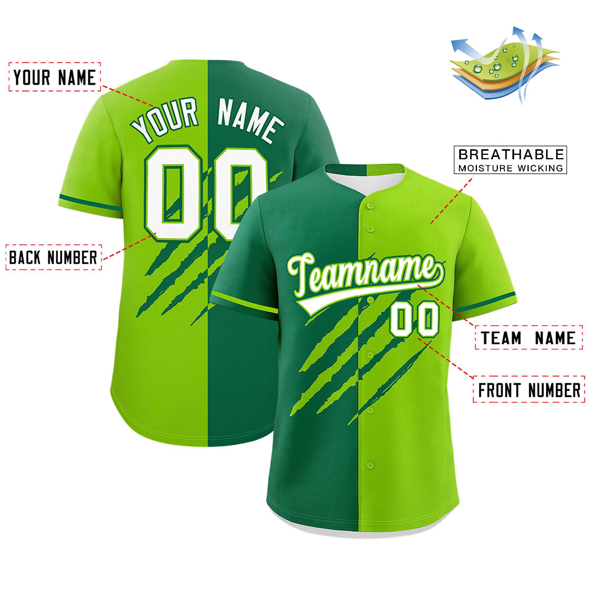 Custom Kelly Green Neon Green Split Tiger Claw Scratch Pattern Baseball Jersey