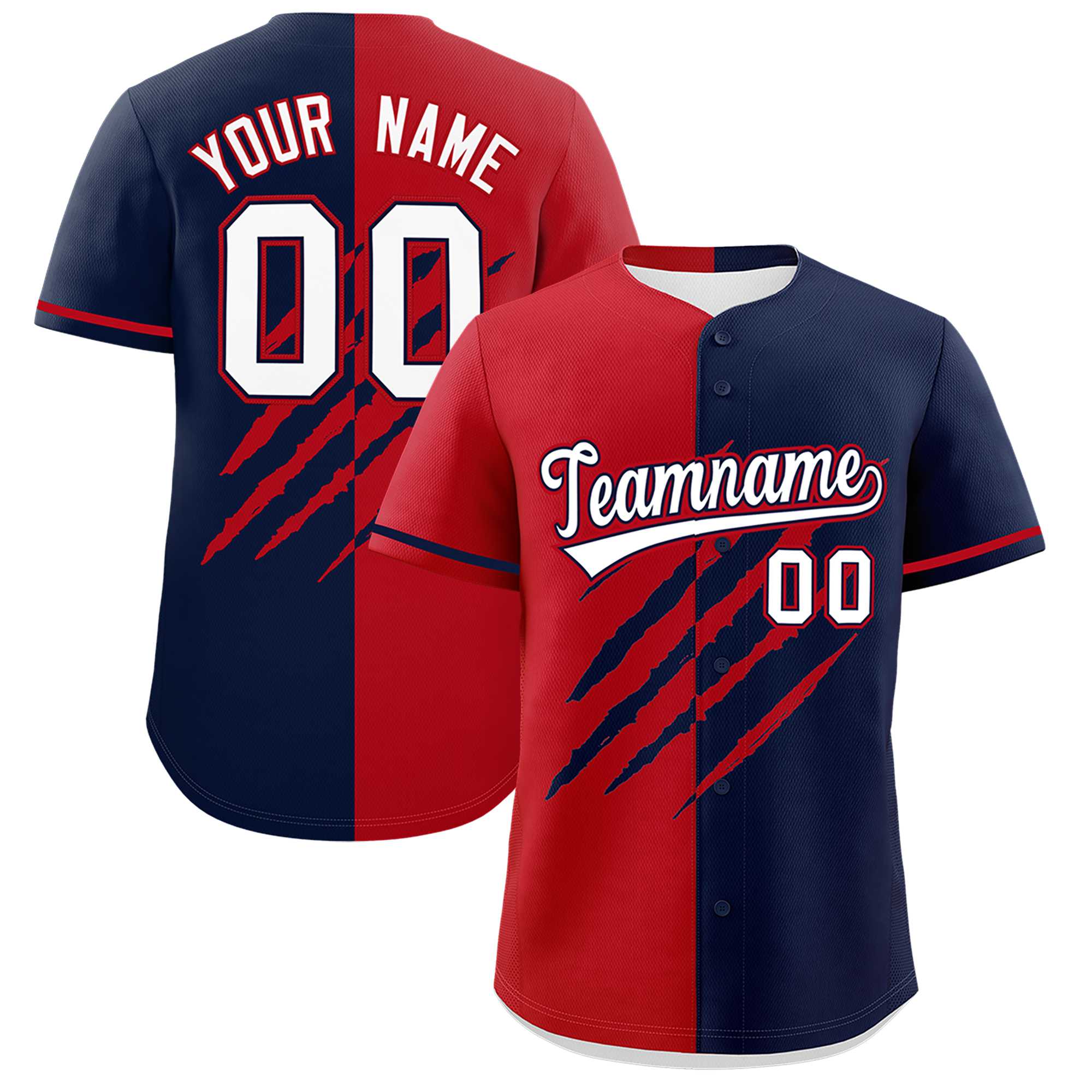 Custom Red Navy Split Tiger Claw Scratch Pattern Baseball Jersey