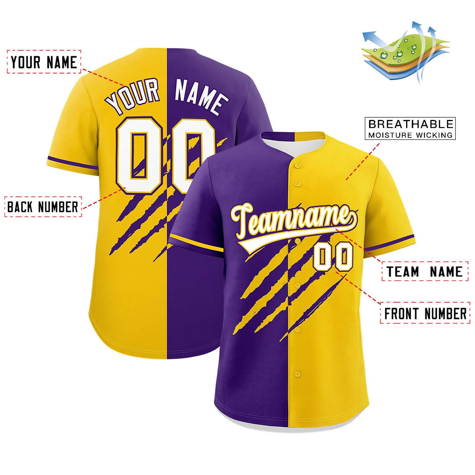 Custom Purple Gold Split Tiger Claw Scratch Pattern Baseball Jersey