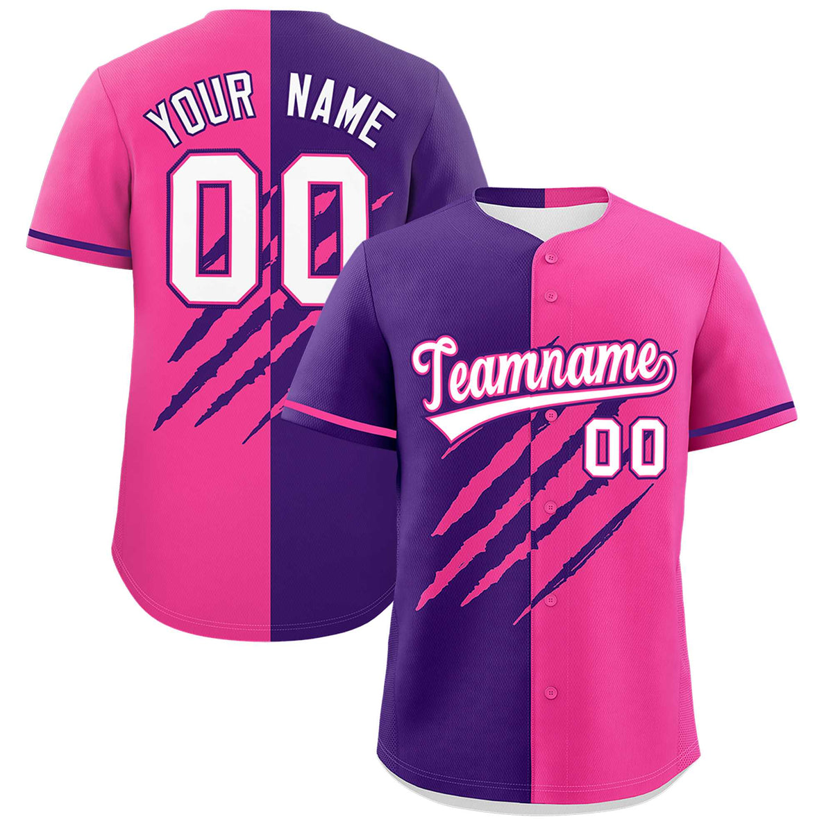 Custom Purple Pink Split Tiger Claw Scratch Pattern Baseball Jersey