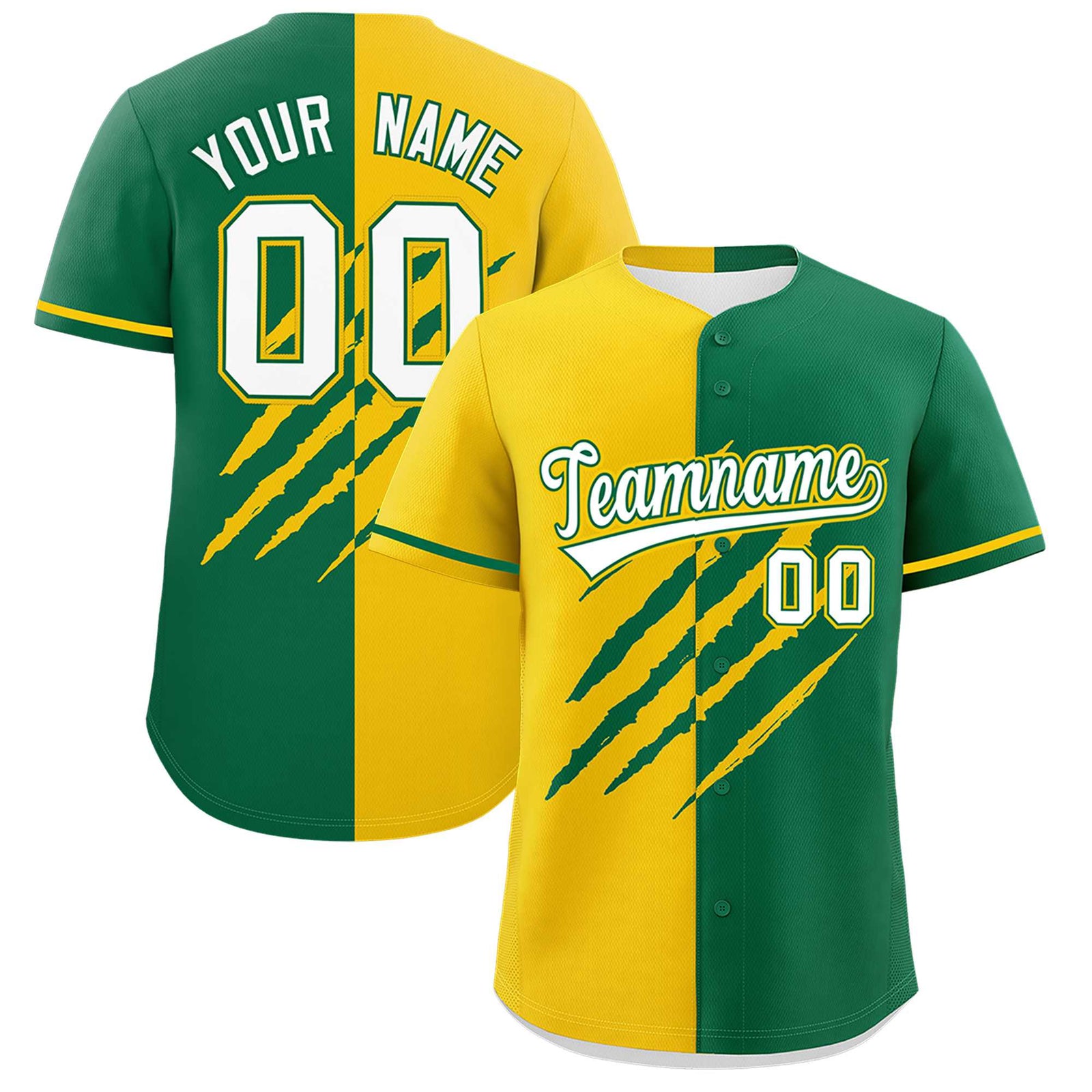 Custom Gold Kelly Green Split Tiger Claw Scratch Pattern Baseball Jersey