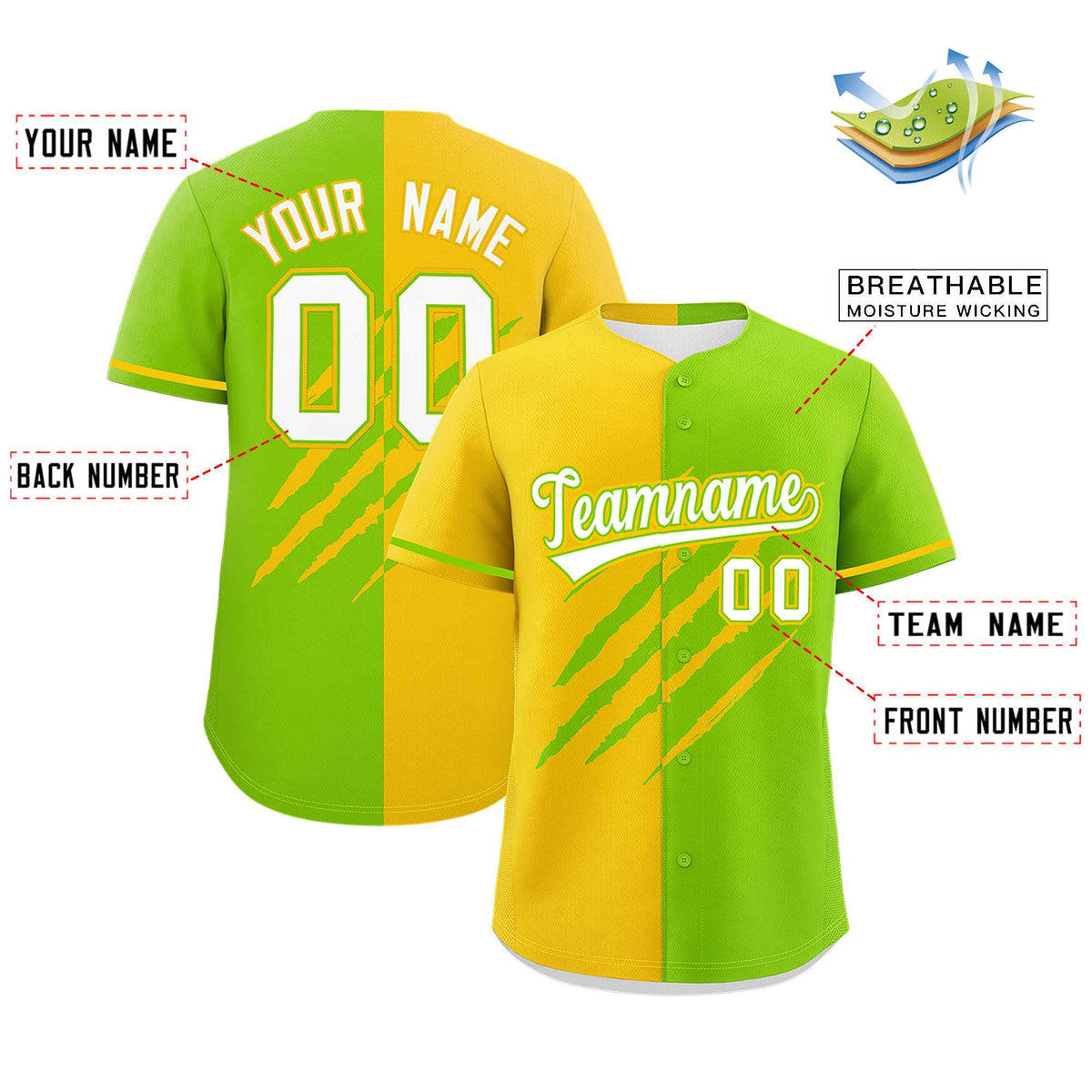 Custom Gold Neon Green Split Tiger Claw Scratch Pattern Baseball Jersey