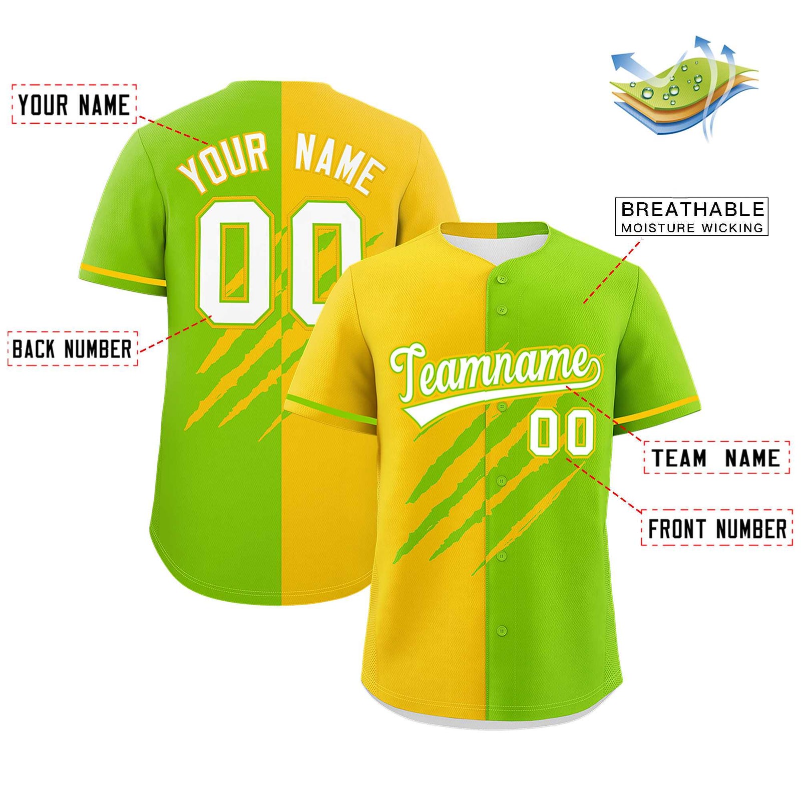 Custom Gold Neon Green Split Tiger Claw Scratch Pattern Baseball Jersey