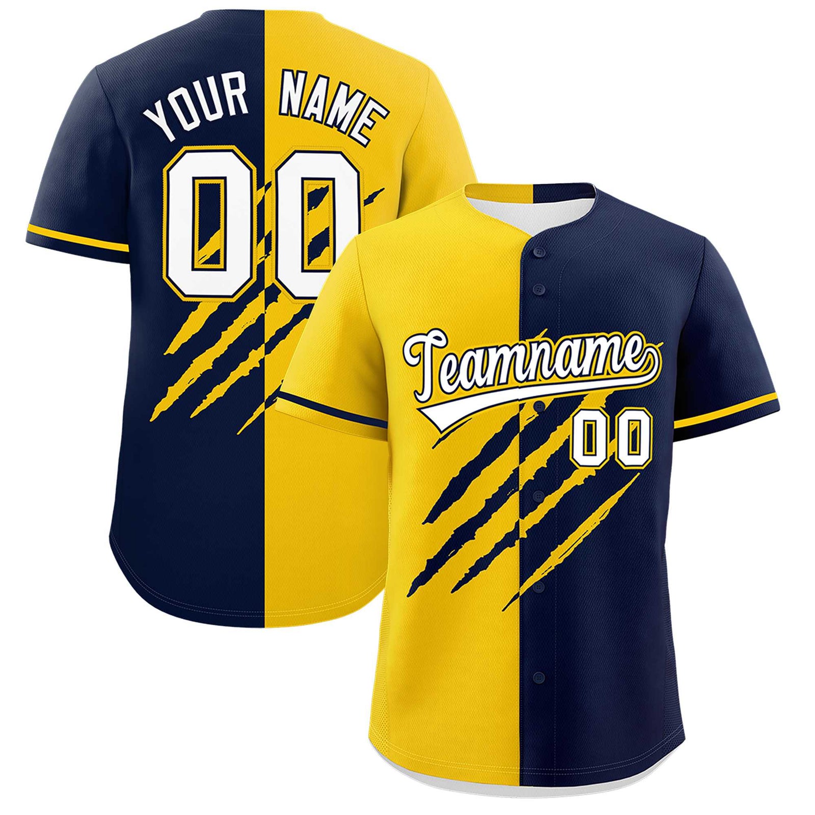 Custom Gold Navy Split Tiger Claw Scratch Pattern Baseball Jersey