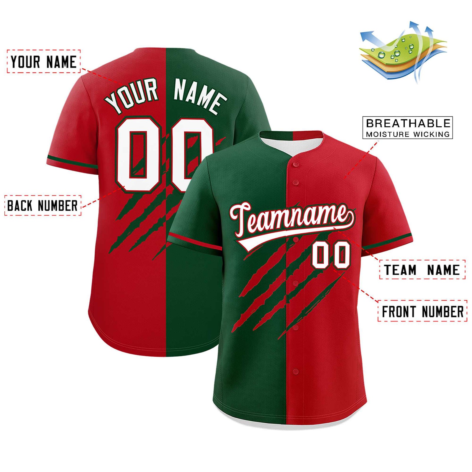 Custom Green Red Split Tiger Claw Scratch Pattern Baseball Jersey