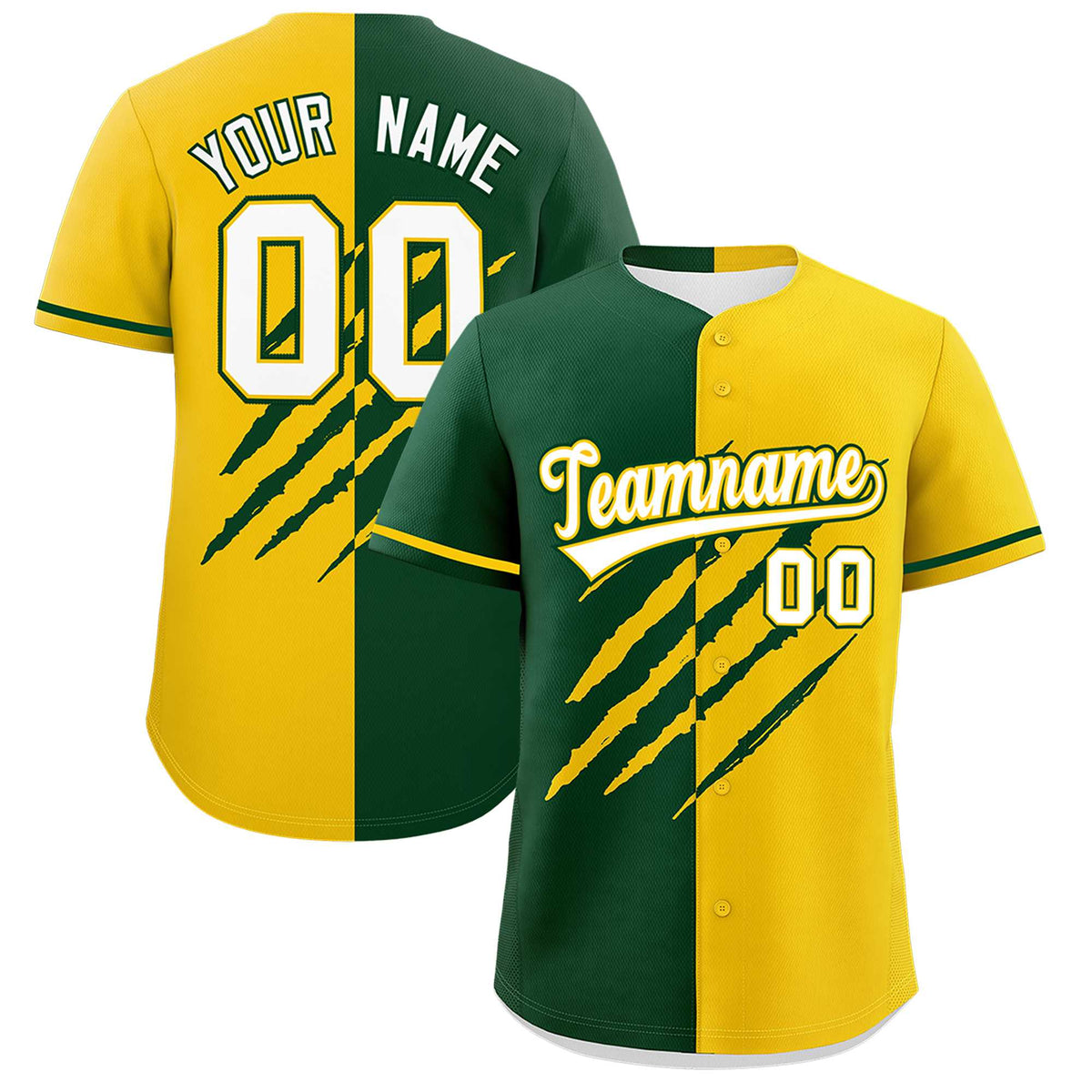 Custom Green Gold Split Tiger Claw Scratch Pattern Baseball Jersey