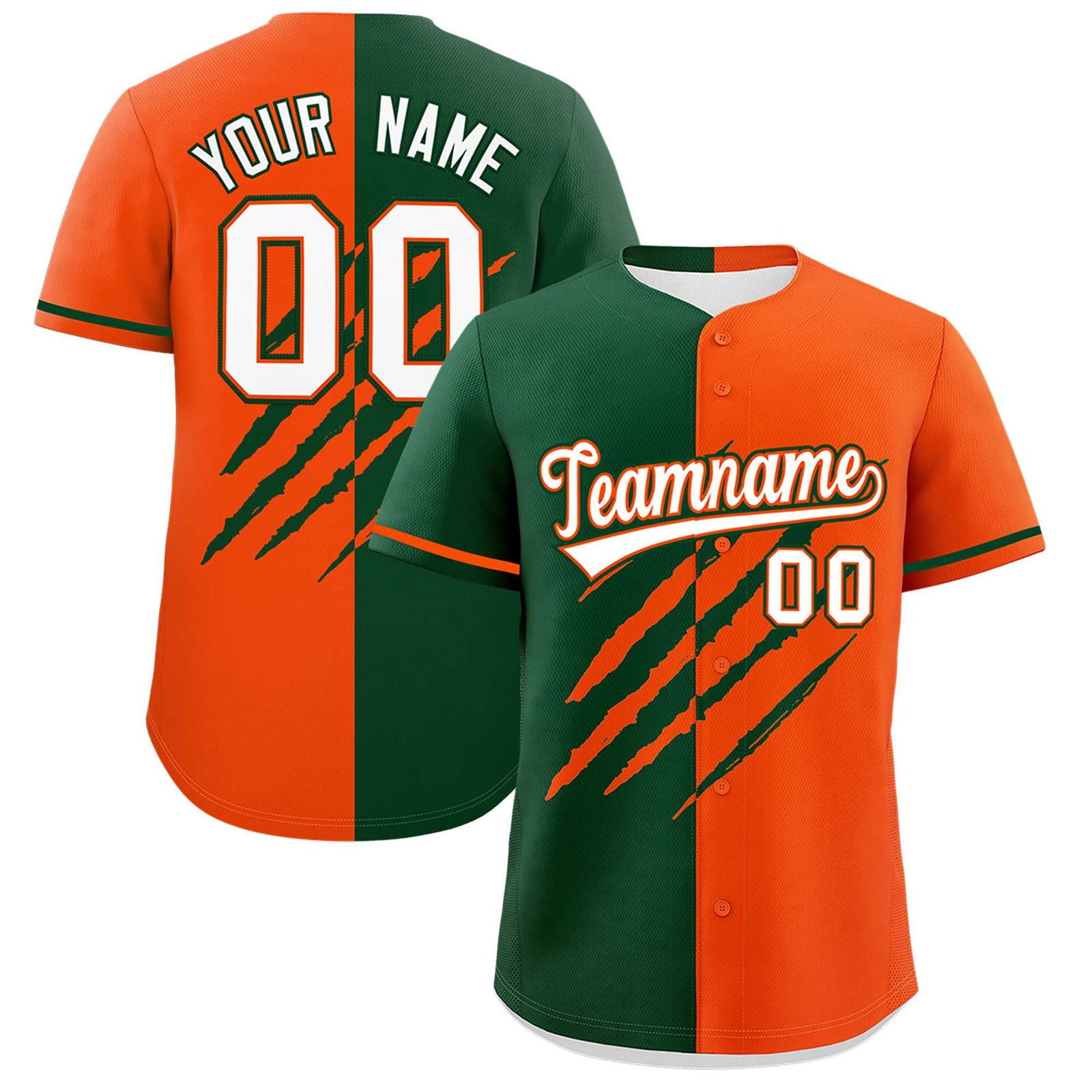 Custom Green Orange Split Tiger Claw Scratch Pattern Baseball Jersey