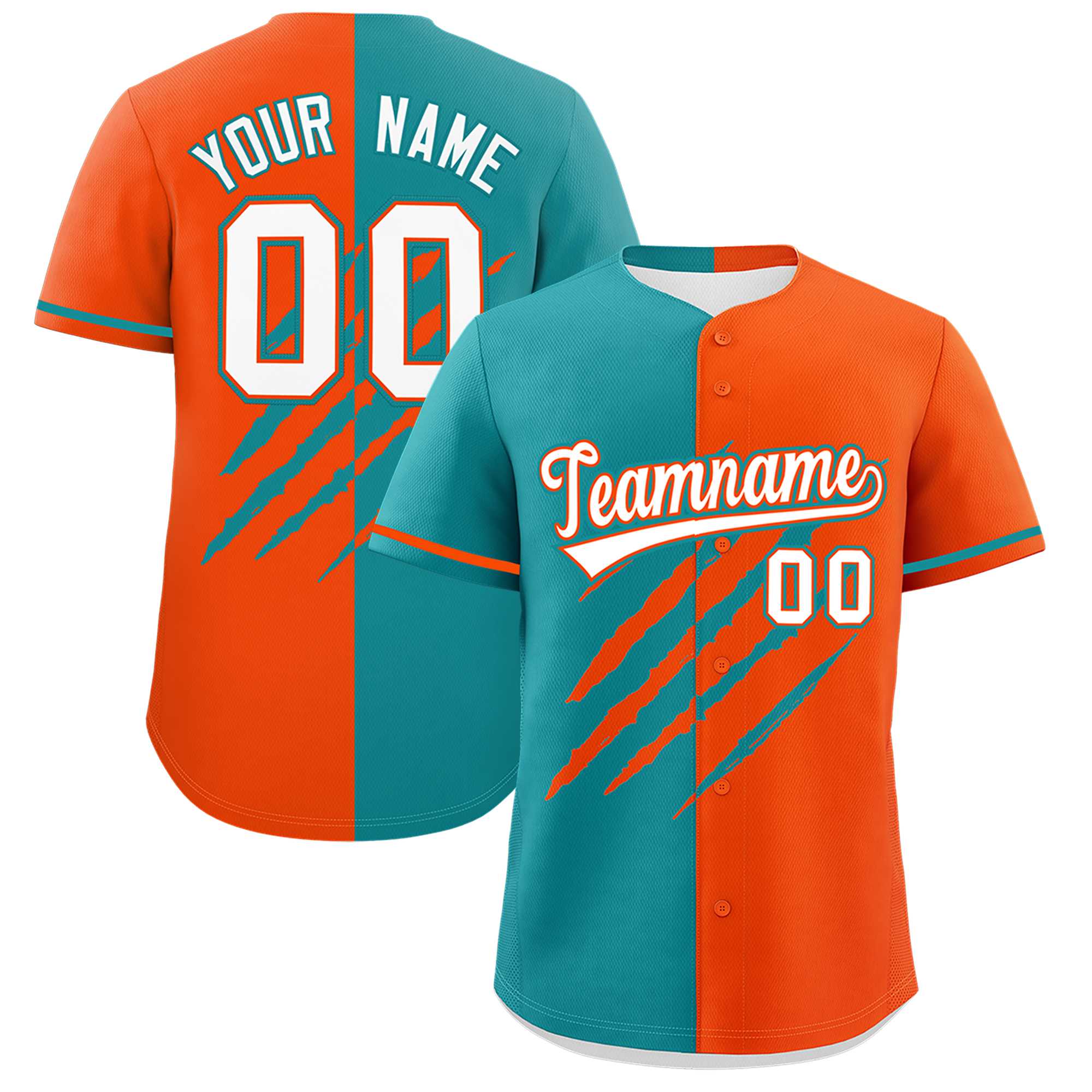 Custom Aqua Orange Split Tiger Claw Scratch Pattern Baseball Jersey