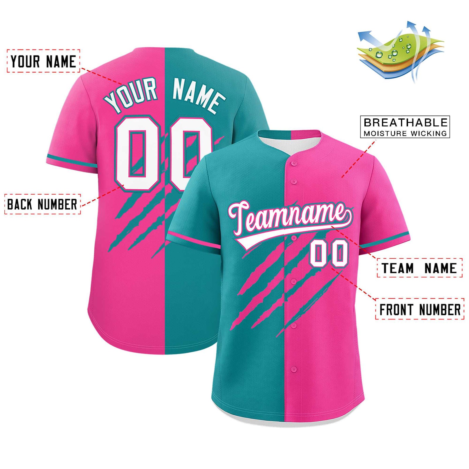 Custom Aqua Pink Split Tiger Claw Scratch Pattern Baseball Jersey