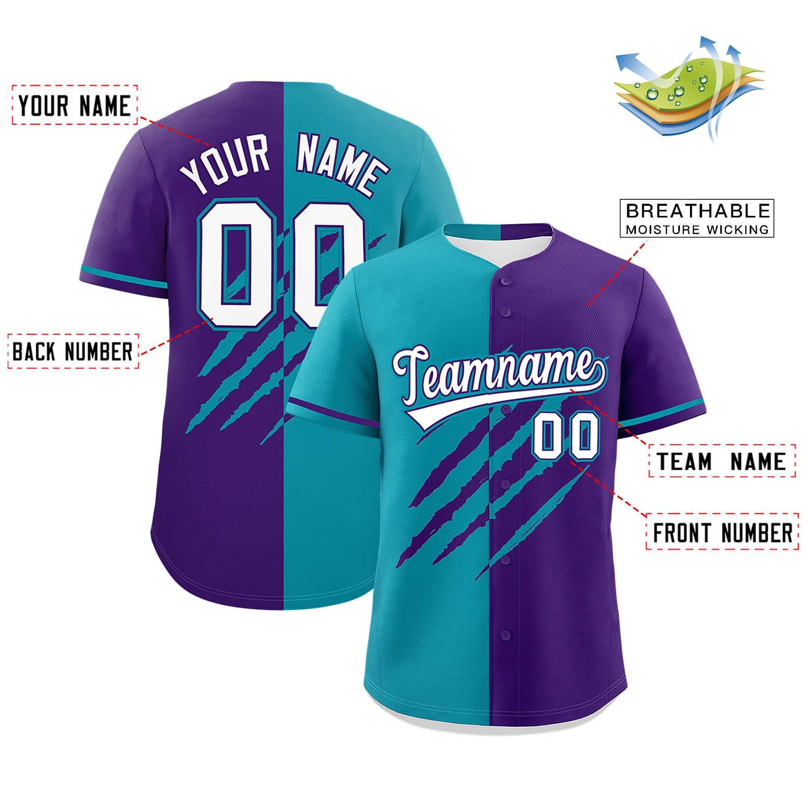 Custom Aqua Purple Split Tiger Claw Scratch Pattern Baseball Jersey