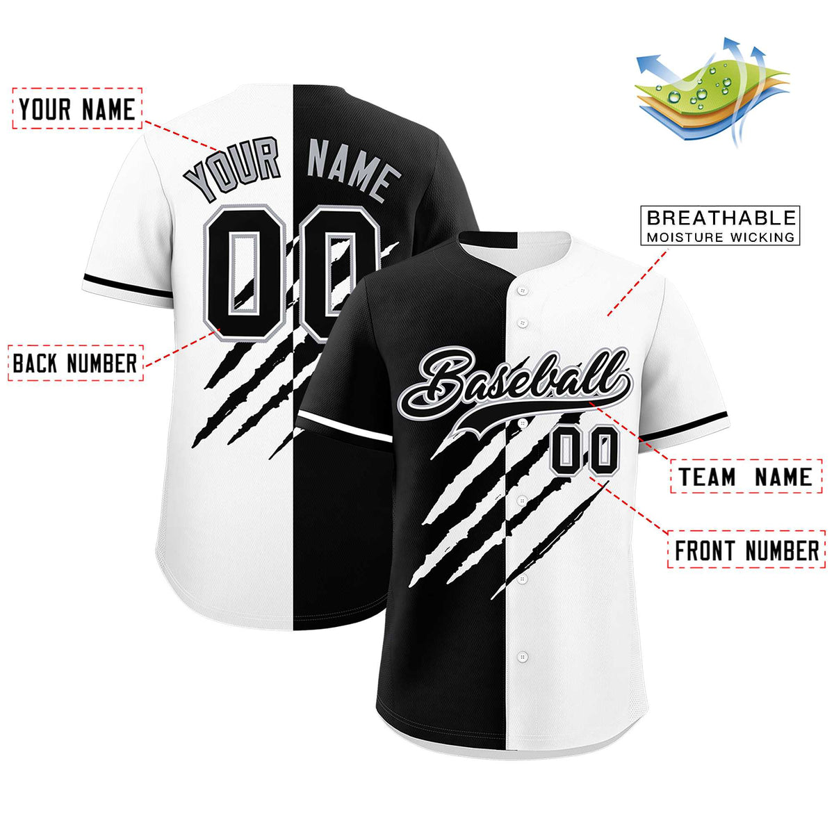 Custom Black White Split Tiger Claw Scratch Pattern Baseball Jersey