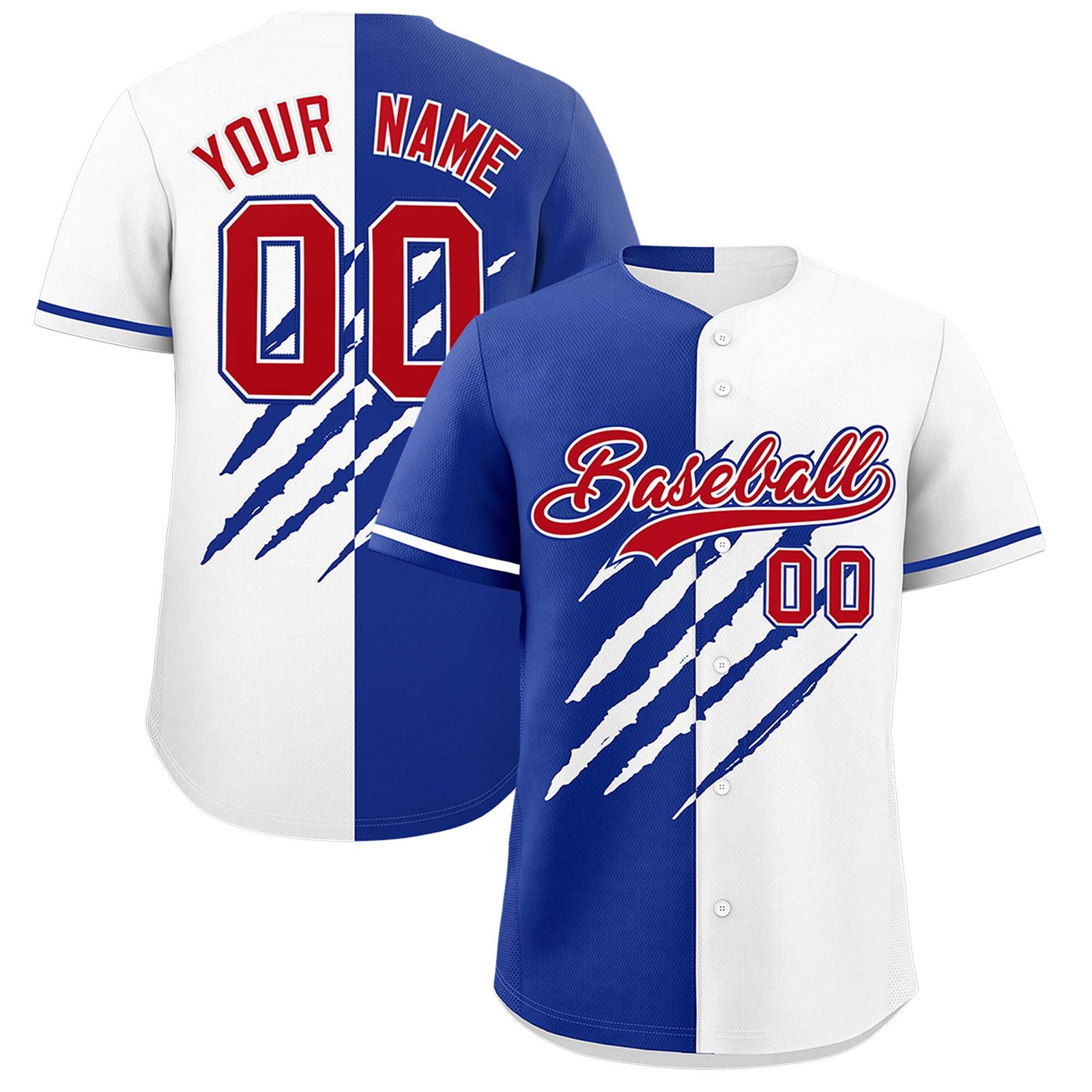 Custom Royal Blue White Split Tiger Claw Scratch Pattern Baseball Jersey