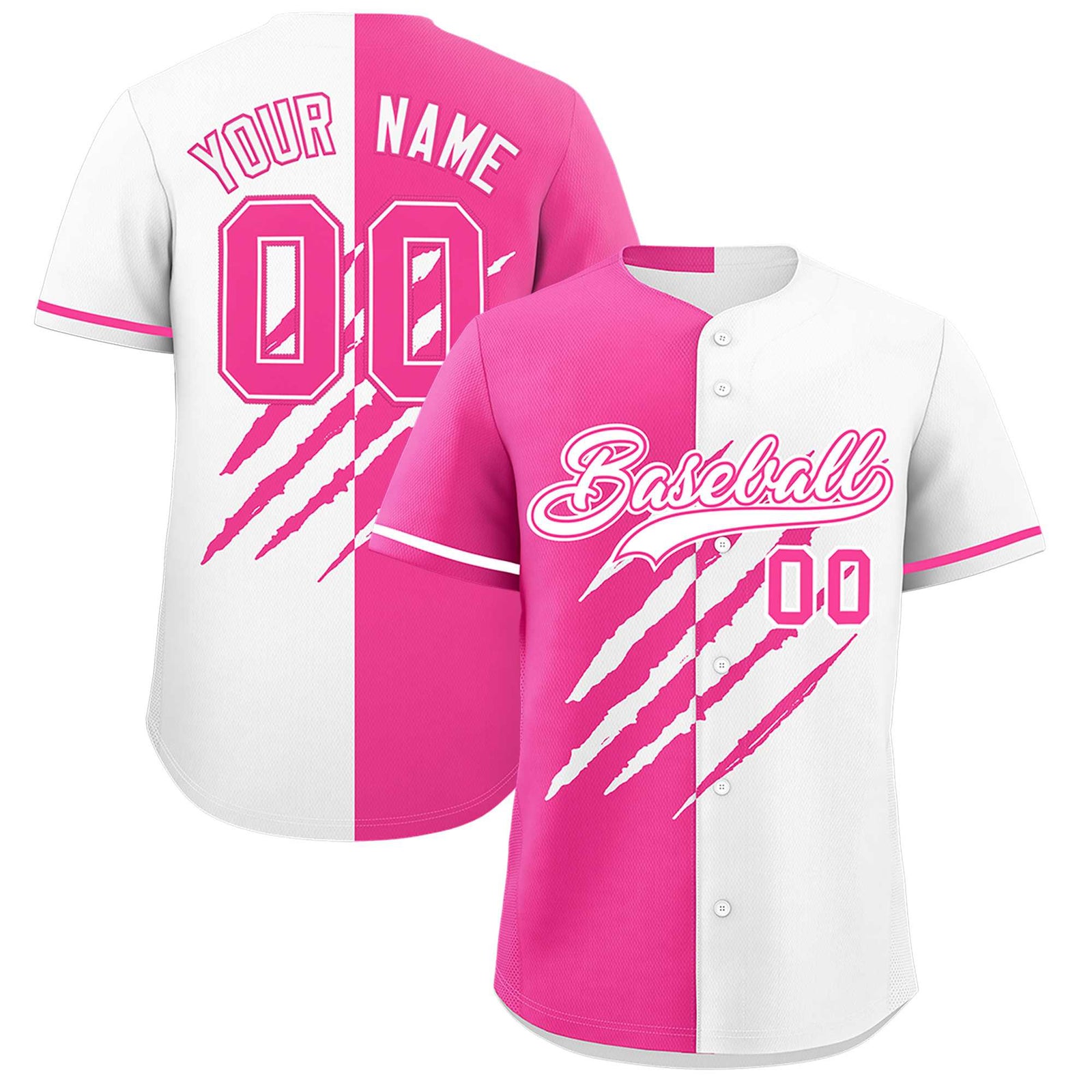 Custom Pink White Split Tiger Claw Scratch Pattern Baseball Jersey