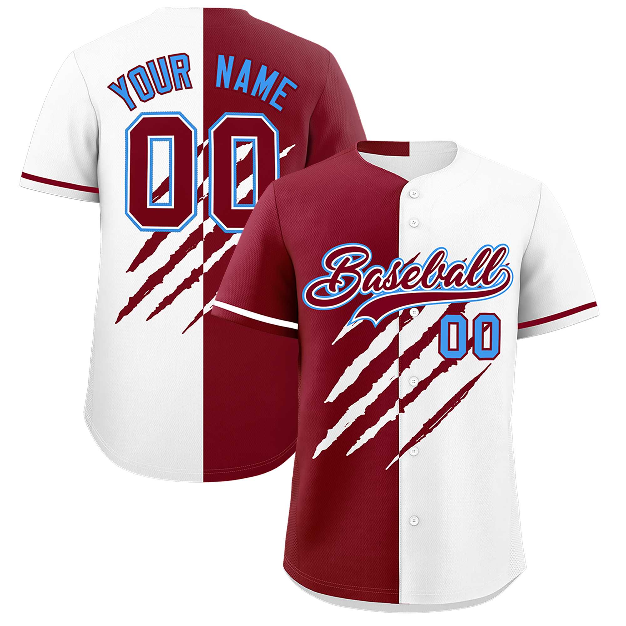 Custom Crimson White Split Tiger Claw Scratch Pattern Baseball Jersey
