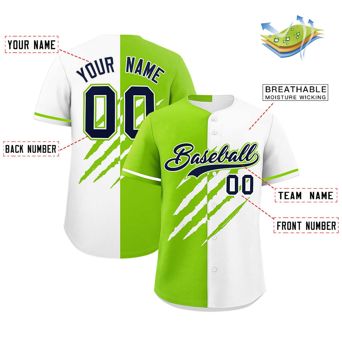 Custom Neon Green White Split Tiger Claw Scratch Pattern Baseball Jersey