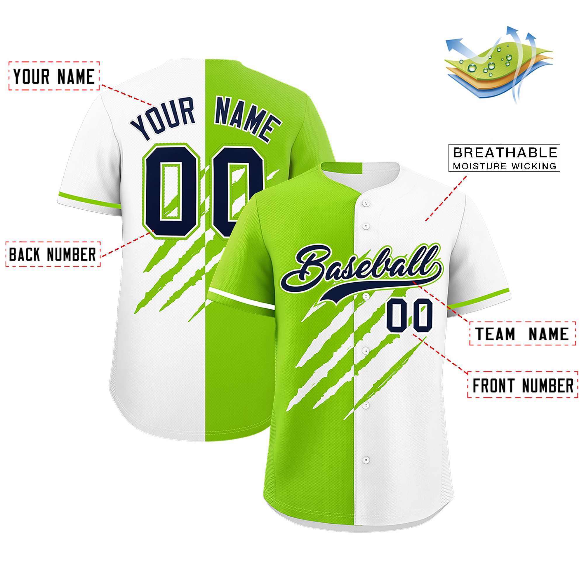 Custom Neon Green White Split Tiger Claw Scratch Pattern Baseball Jersey