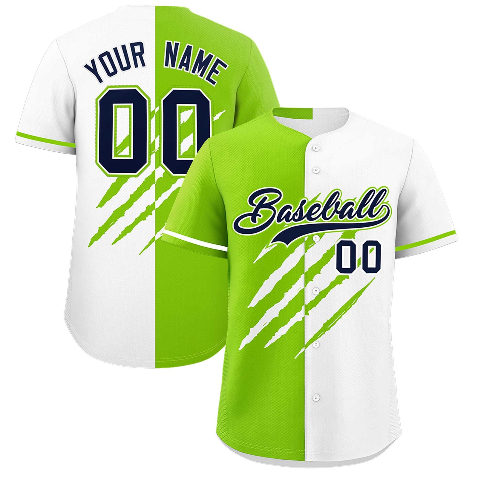 Custom Neon Green White Split Tiger Claw Scratch Pattern Baseball Jersey