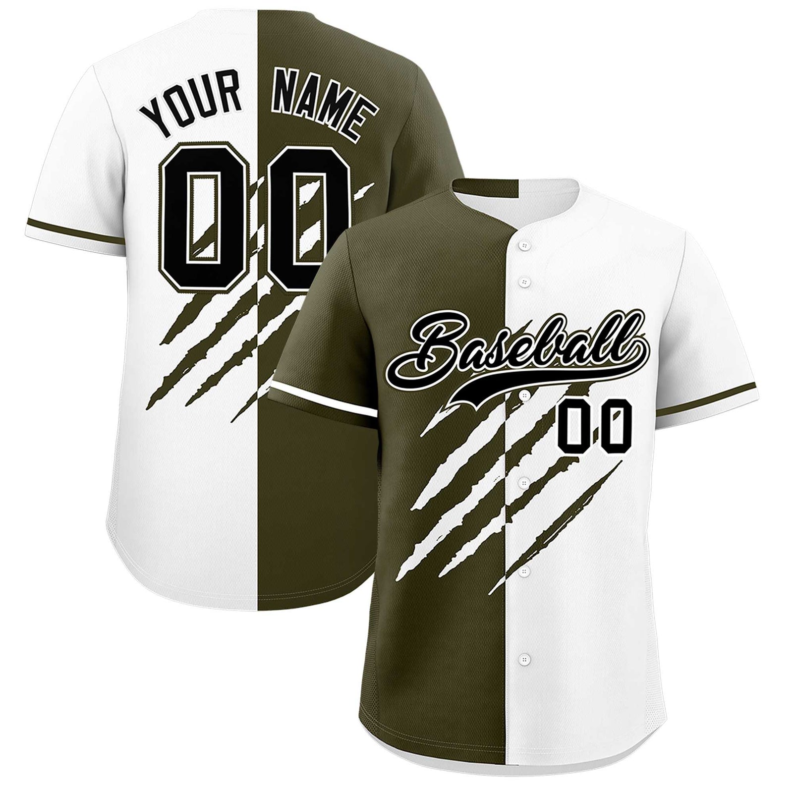 Custom Olive White Split Tiger Claw Scratch Pattern Baseball Jersey