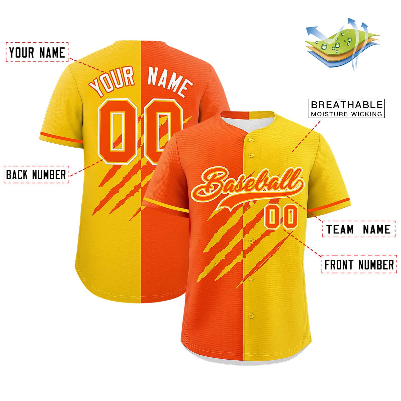 Custom Orange Gold Split Tiger Claw Scratch Pattern Baseball Jersey